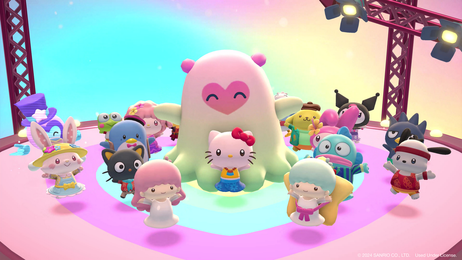 Un grupo de personajes de Sanrio está en un escenario. Hello Kitty está en el centro. El fondo es un degradado de colores.