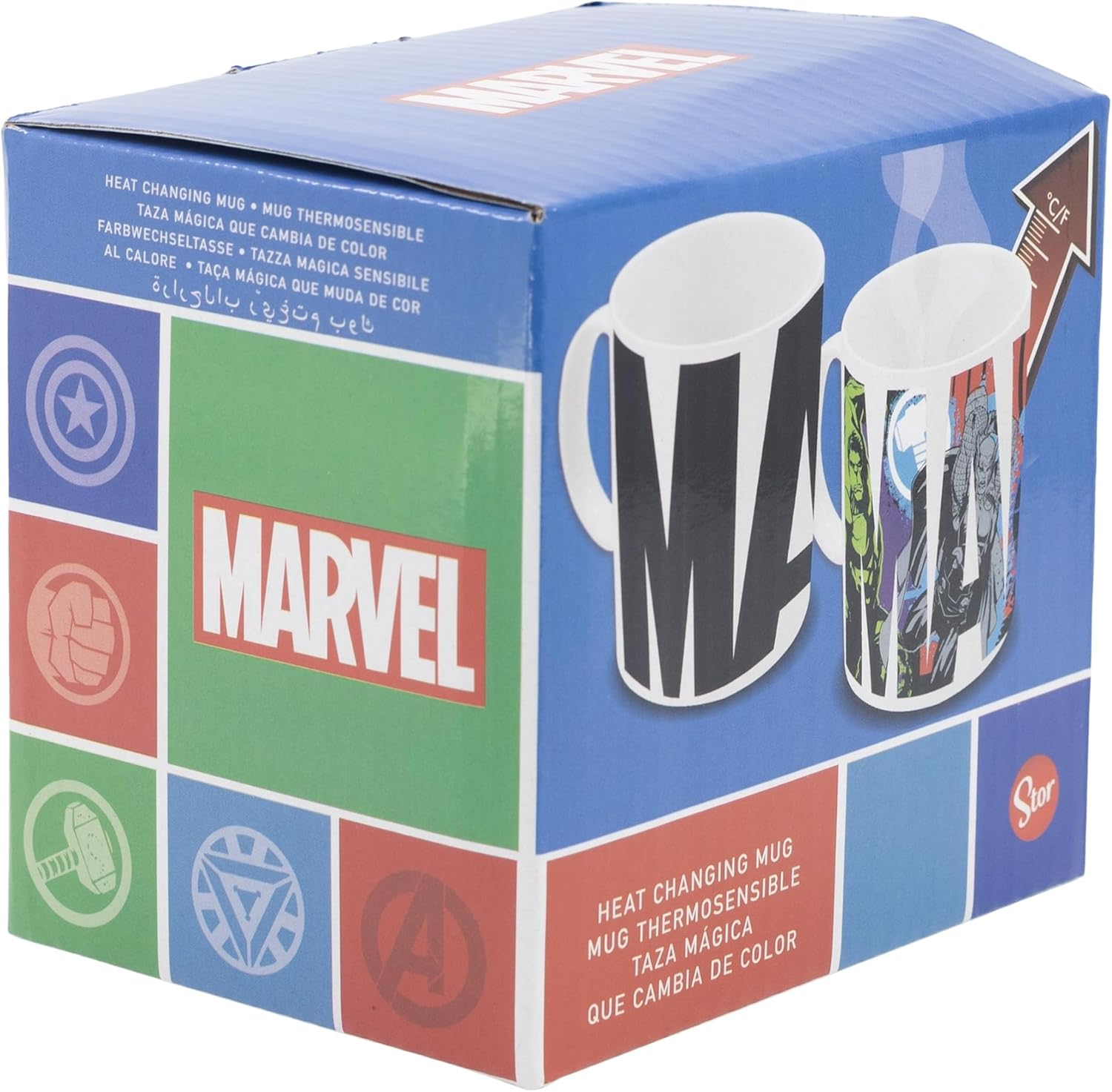 Una caja de tazas con temática de Marvel. La caja es azul con logotipos de Marvel y tiene dos tazas. Una taza tiene el logotipo de Marvel, la otra personajes de Marvel.