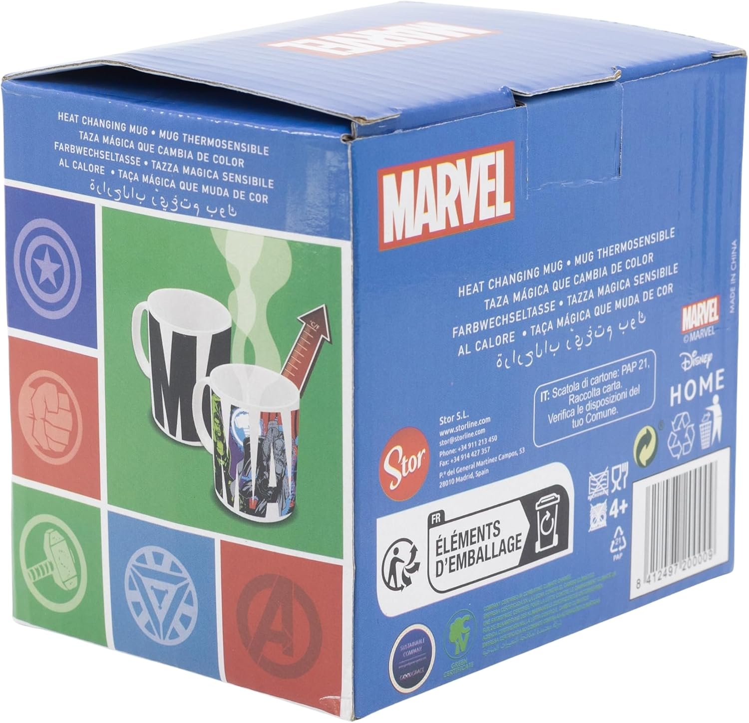 Caja azul de taza Marvel. Tiene el logo y texto Marvel. Muestra la taza con personajes de los Vengadores.