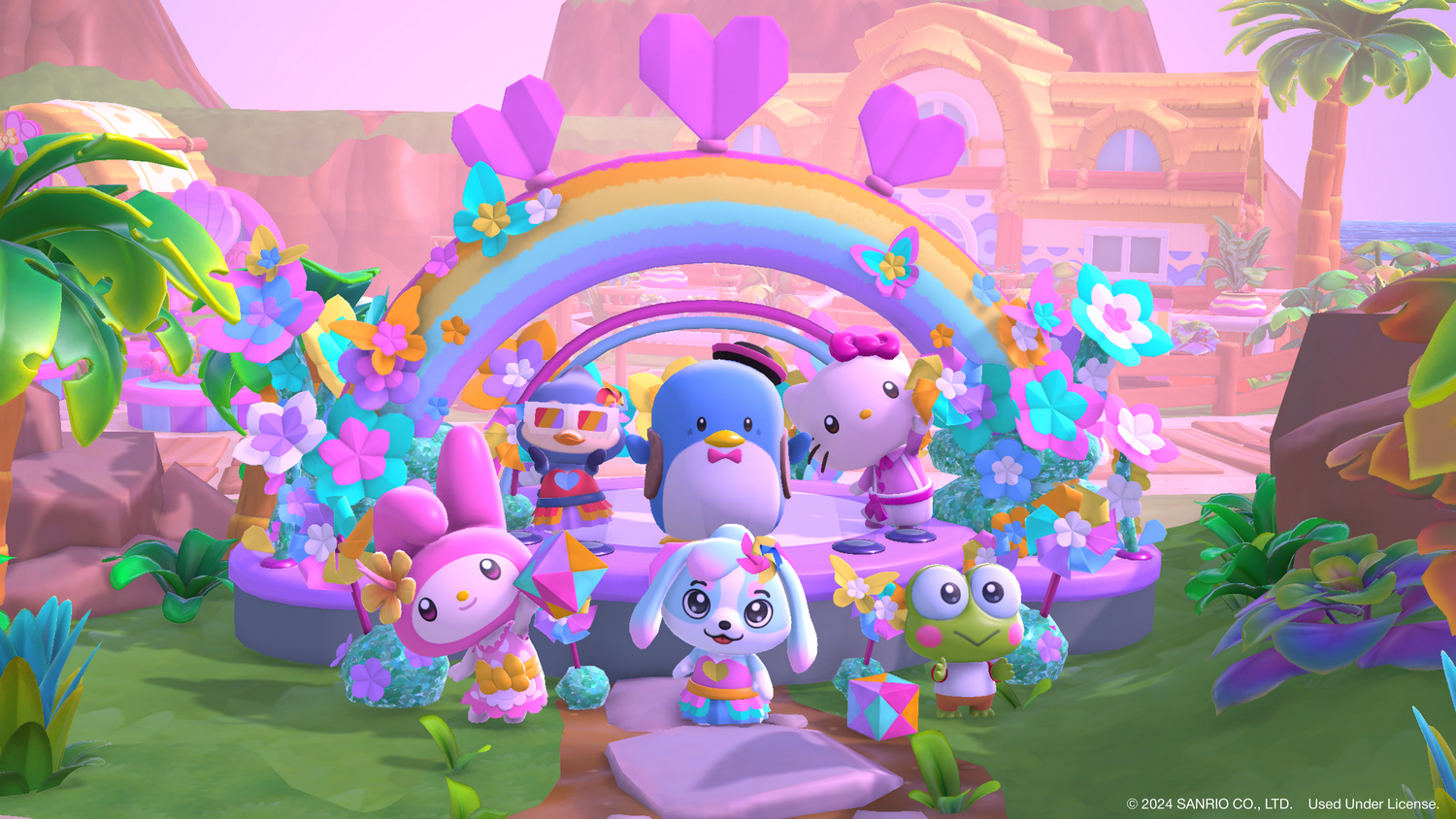 Personajes en un entorno colorido. Un arco iris con corazones, flores y varios personajes de Sanrio. Plantas tropicales y una casa al fondo.