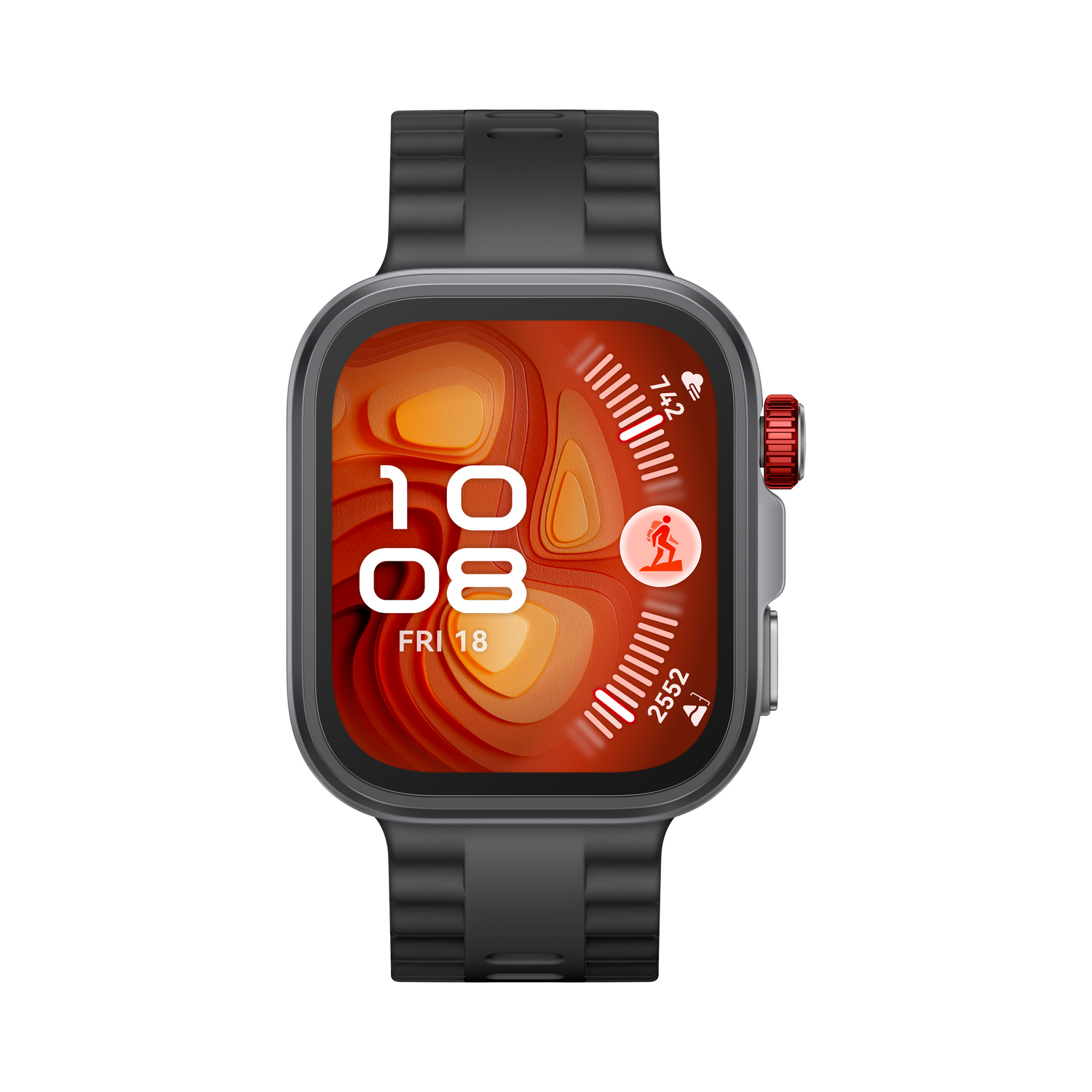 Un reloj inteligente con una correa negra y una pantalla que muestra la fecha, la hora y los datos de actividad. El reloj tiene un botón rojo.