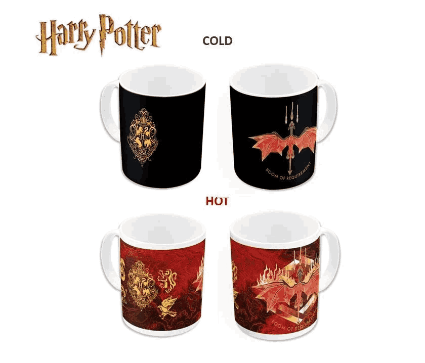 Tazas de Harry Potter. Frío: negro con emblema y dragón. Caliente: rojo con emblema y dragón. Fondo blanco.