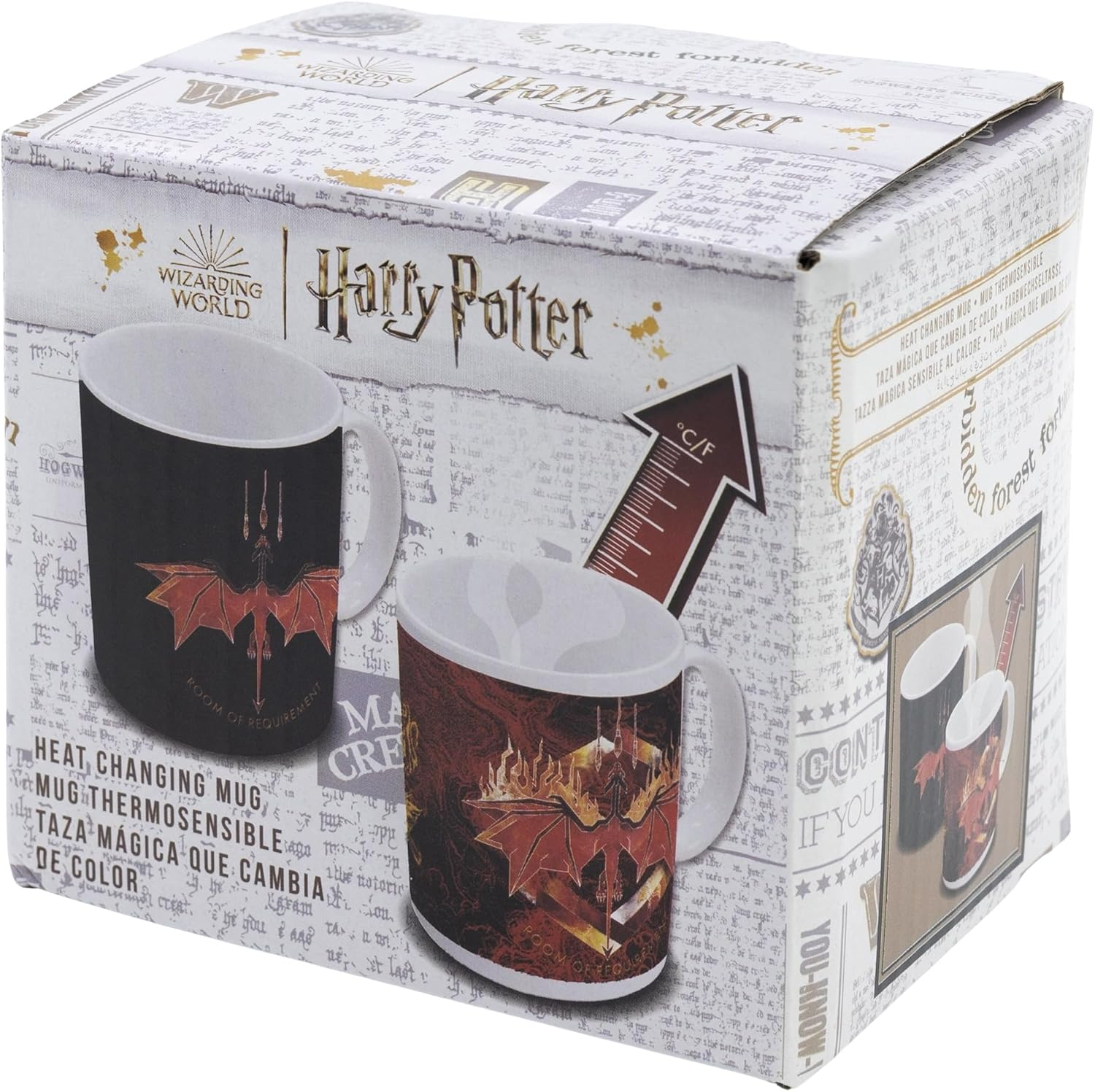 Una taza de Harry Potter que cambia de color en una caja. La taza muestra un dragón. La caja tiene texto e imágenes.