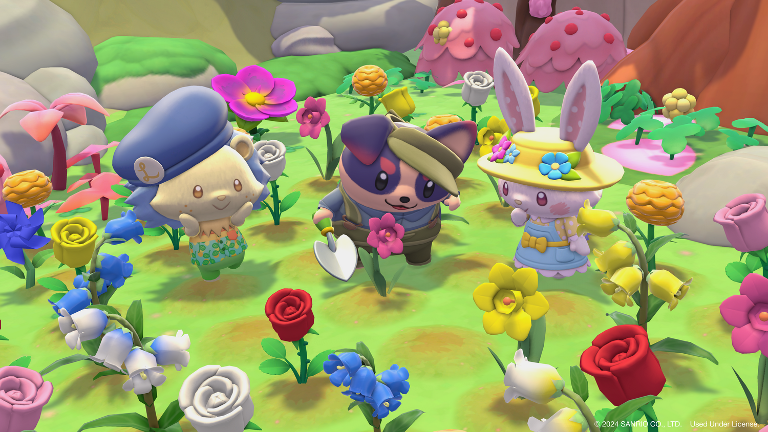 Tres animales de dibujos animados en un jardín de flores. Un perro sostiene una paleta. También hay un oso y un conejito. Las flores coloridas los rodean.