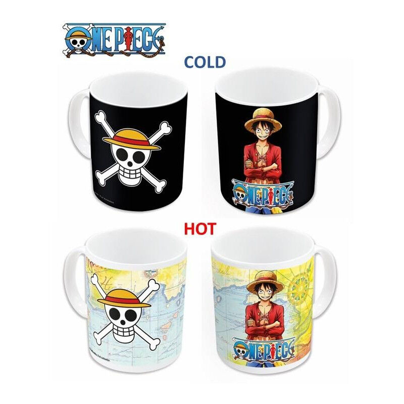 Cuatro tazas con diseños de One Piece. Dos presentan a Luffy y la calavera Jolly Roger. Dos presentan mapas.