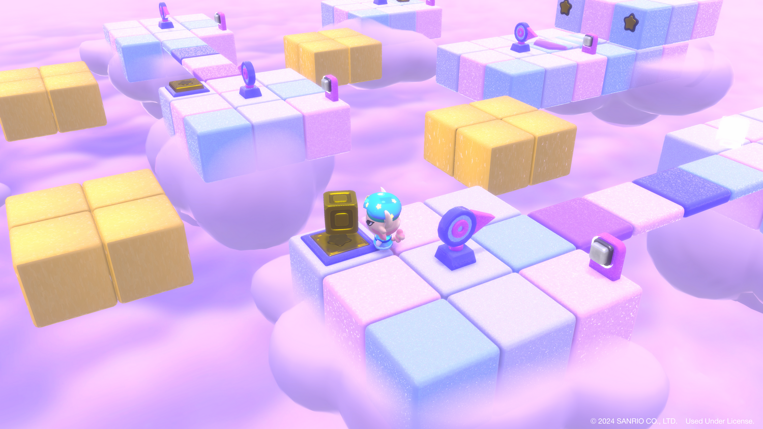 Un personaje está en una plataforma. Hay plataformas flotantes y cubos dorados en un cielo rosa.