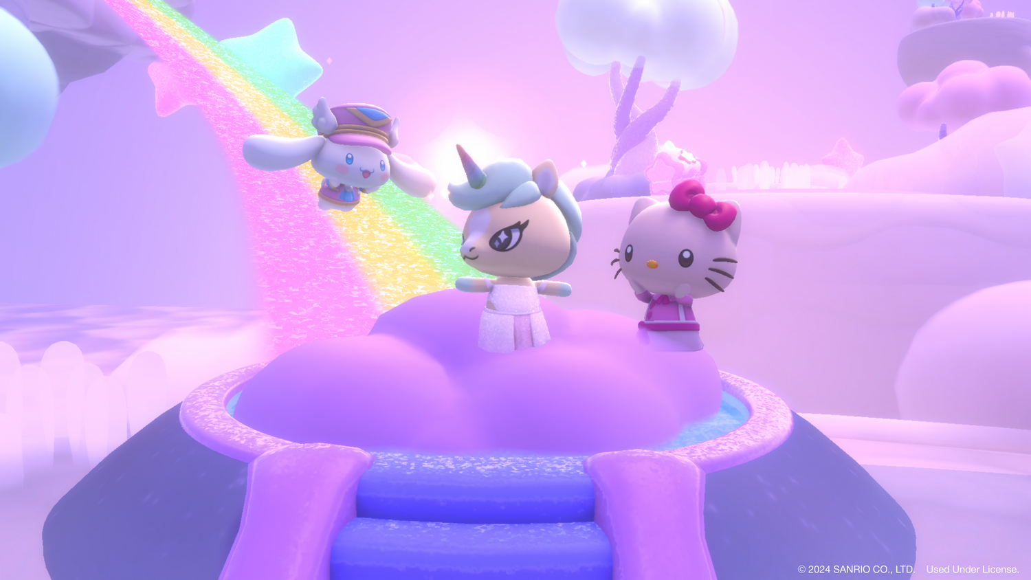 Una escena con tres personajes de dibujos animados: un unicornio, un gato y un conejito. Arcoíris y nubes en el fondo.