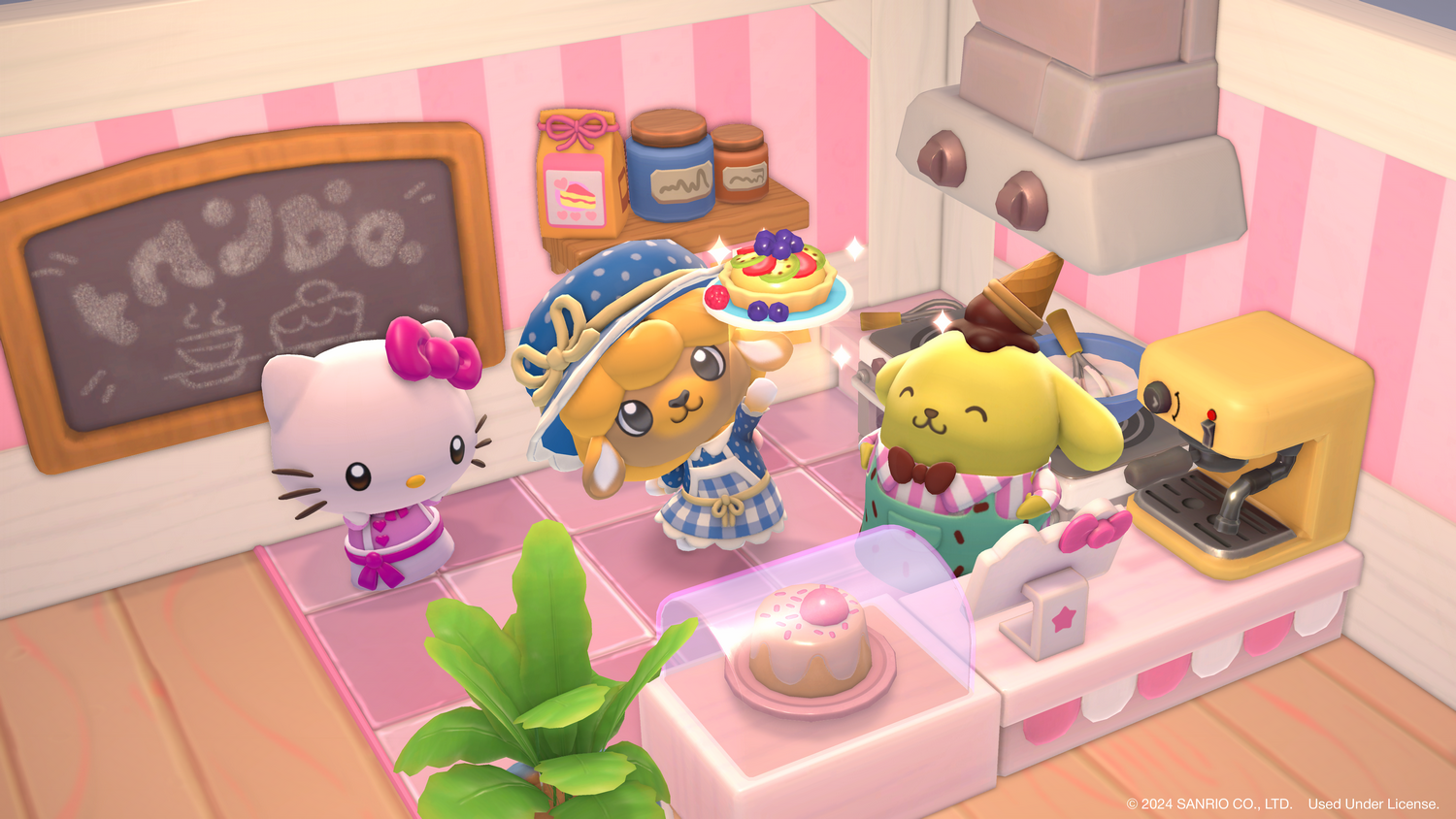 Una escena de cocina de dibujos animados con Hello Kitty, una oveja y un perro amarillo. Hay un pastel y una cafetera en el mostrador.