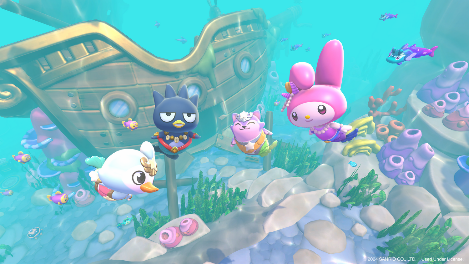 Escena submarina con personajes de dibujos animados, barco y peces. Los personajes están en primer plano. El fondo muestra un barco hundido y corales.