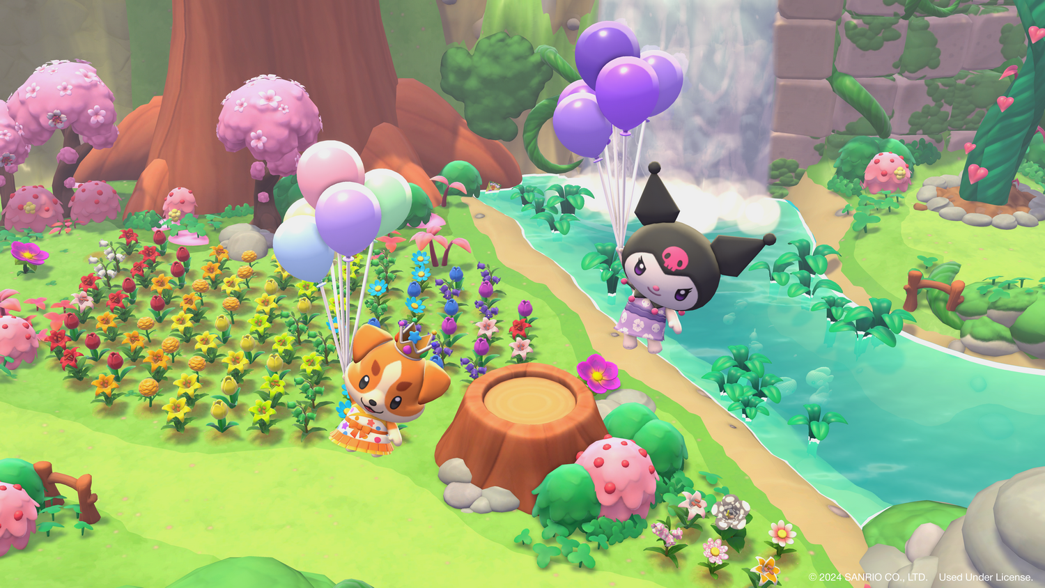 Personajes de dibujos animados con globos en una colorida escena de jardín. Flores, árboles y una cascada al fondo.
