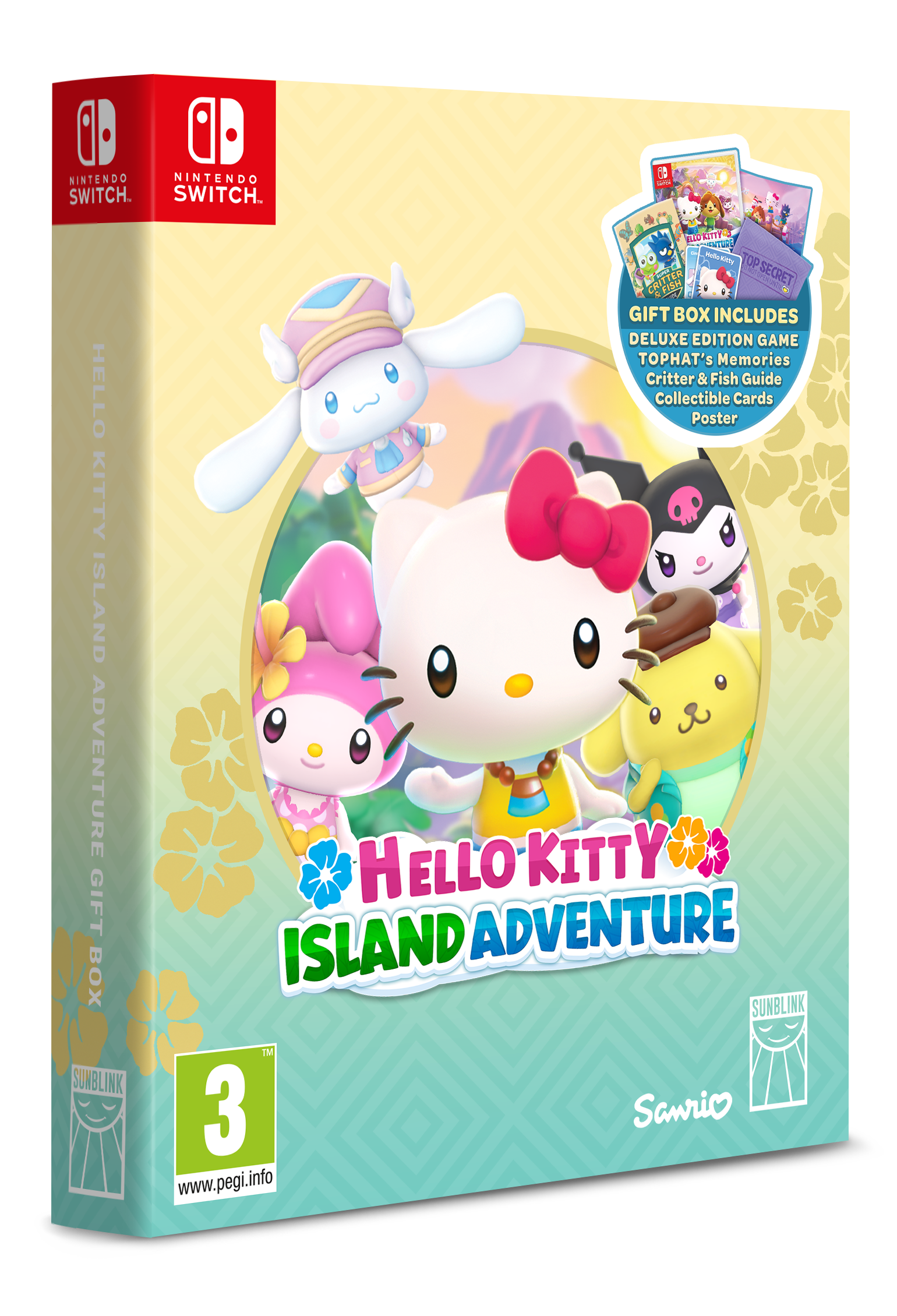 Caja del juego Hello Kitty Island Adventure. Presenta a Hello Kitty y amigos. Incluye juego, cartas y póster. Nintendo Switch.