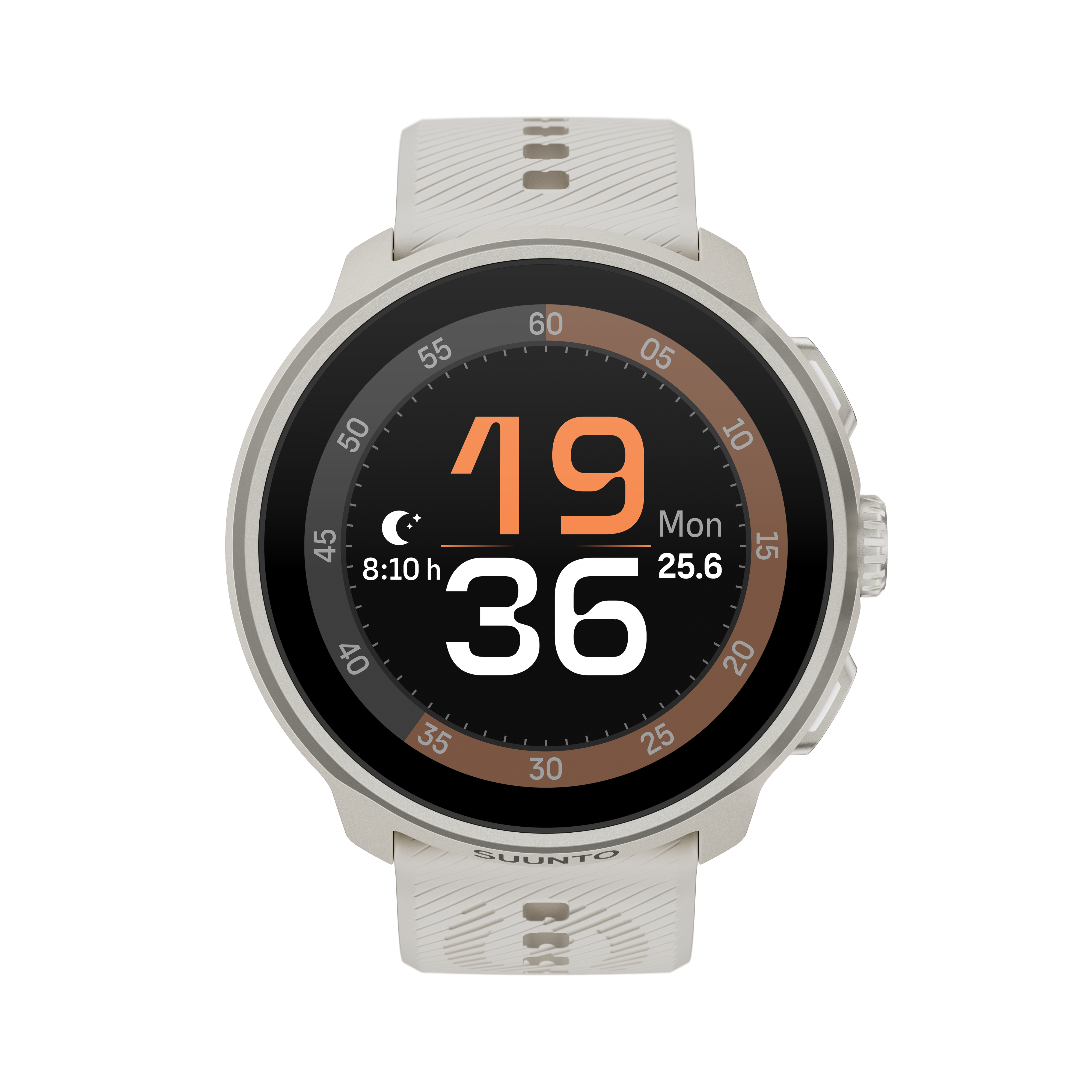Un reloj inteligente Suunto blanco muestra hora, fecha y otras métricas sobre fondo negro.