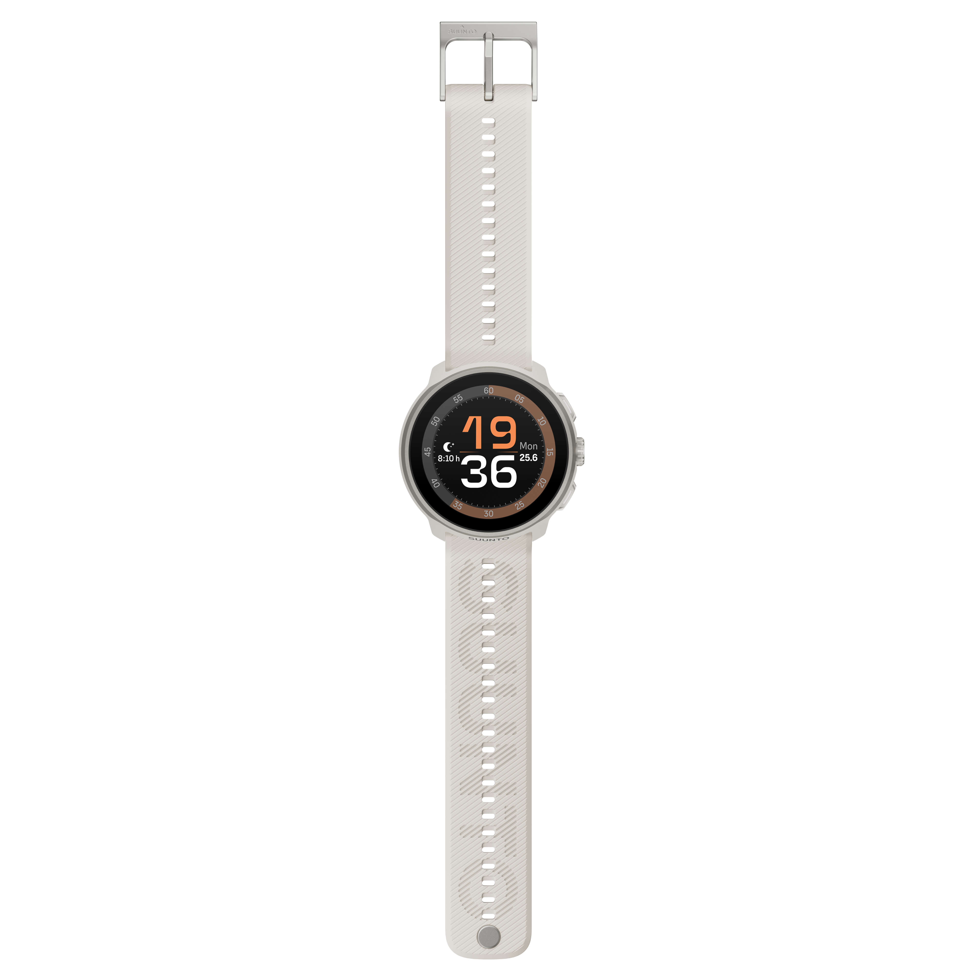 Un reloj inteligente Suunto blanco con correa blanca. El reloj muestra la fecha, hora y otras métricas sobre fondo negro.