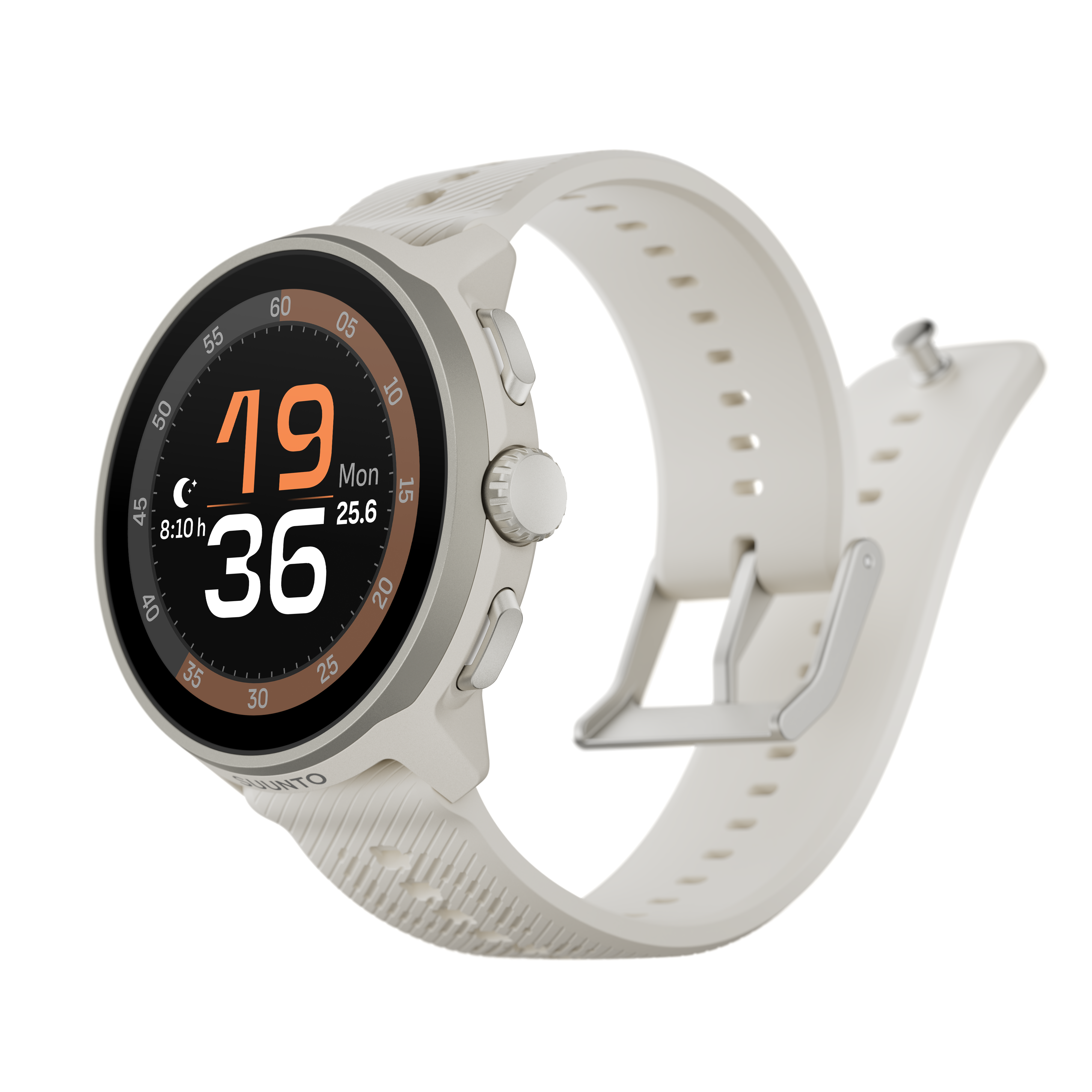 Un reloj inteligente Suunto blanco con bisel y correa gris claro muestra la hora: 19:36. El fondo es negro.
