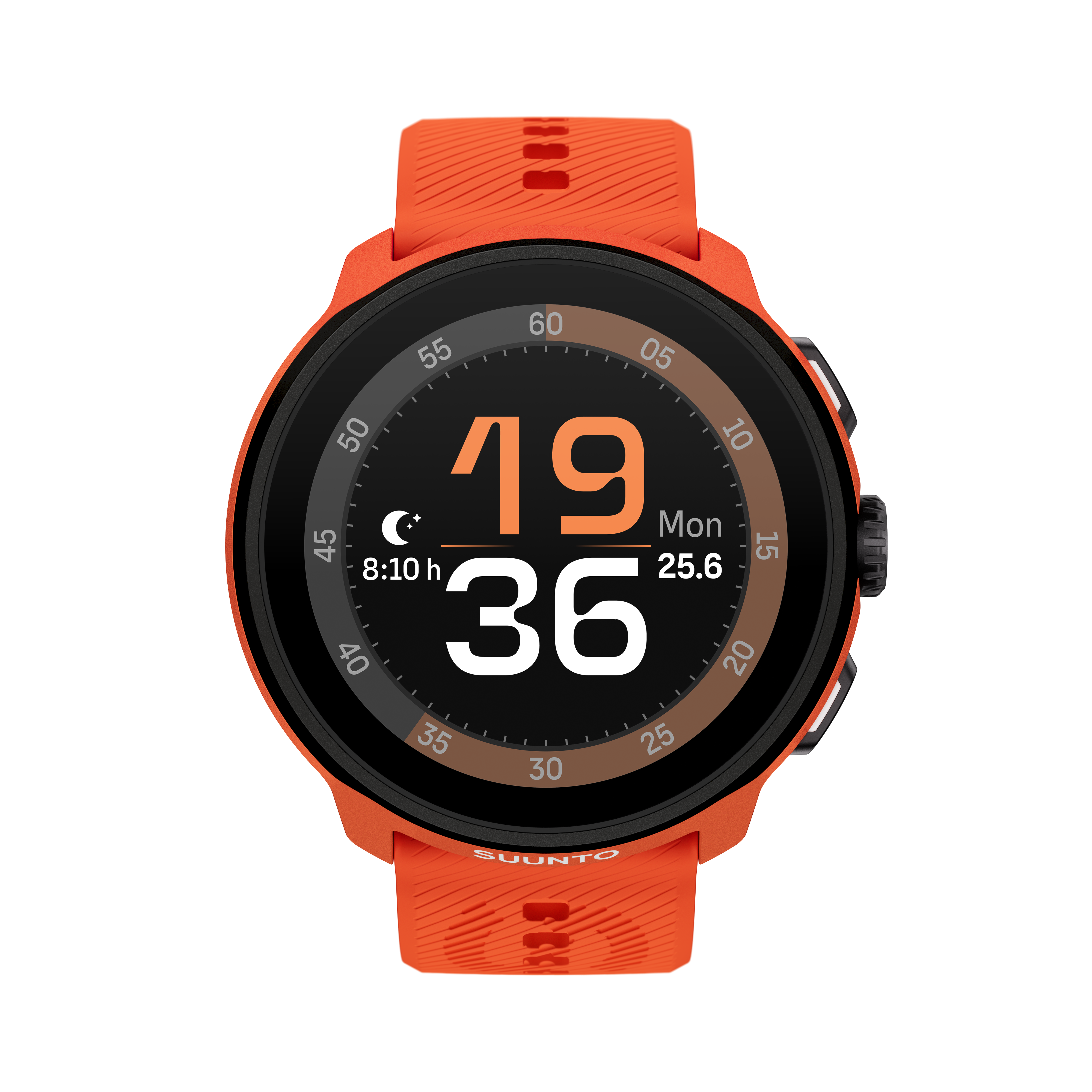Un reloj Suunto naranja con pantalla negra, mostrando hora y fecha. El fondo es negro.