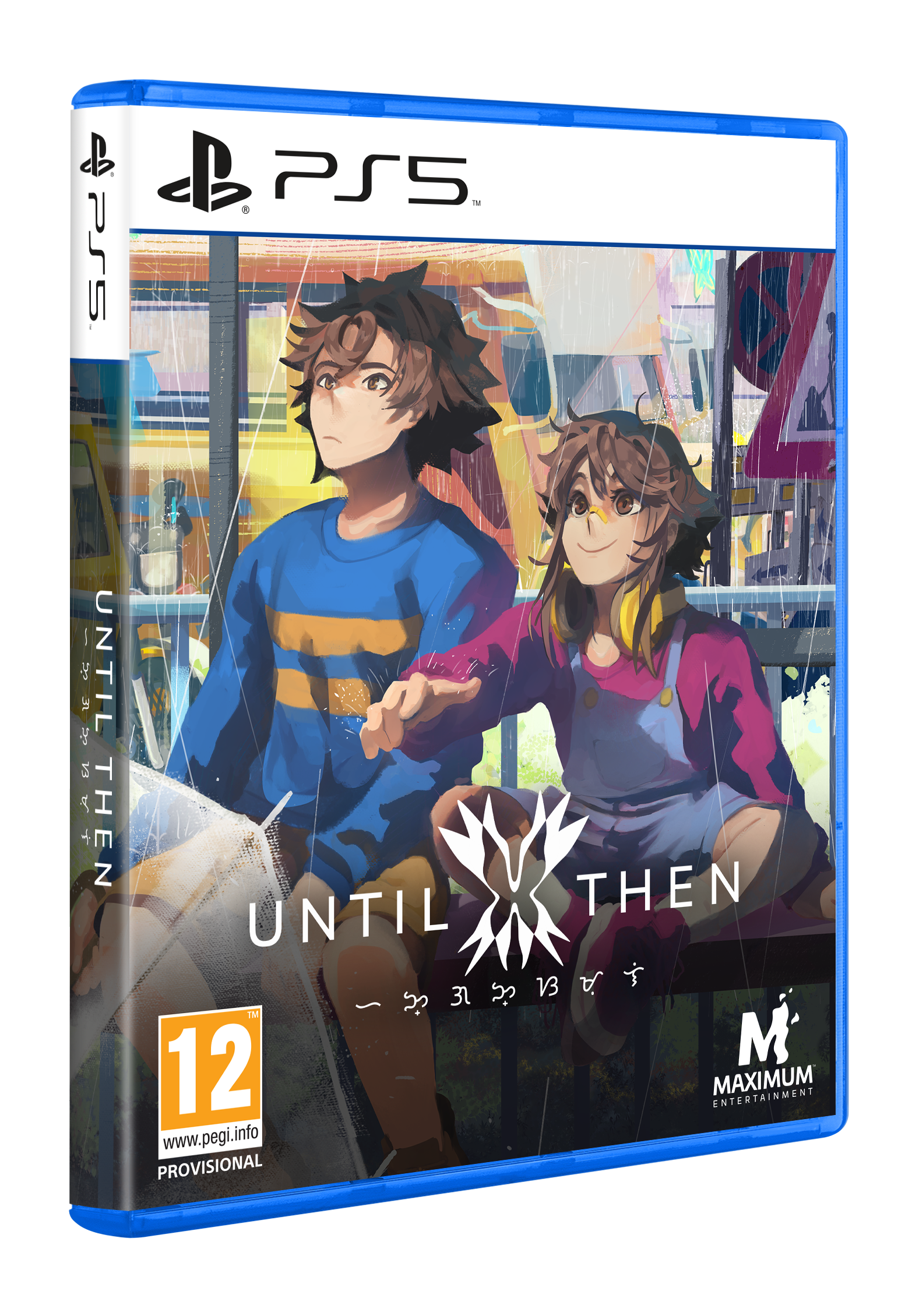 Arte de la caja del juego. Dos personajes de anime bajo la lluvia. El título es 'Until Then'.