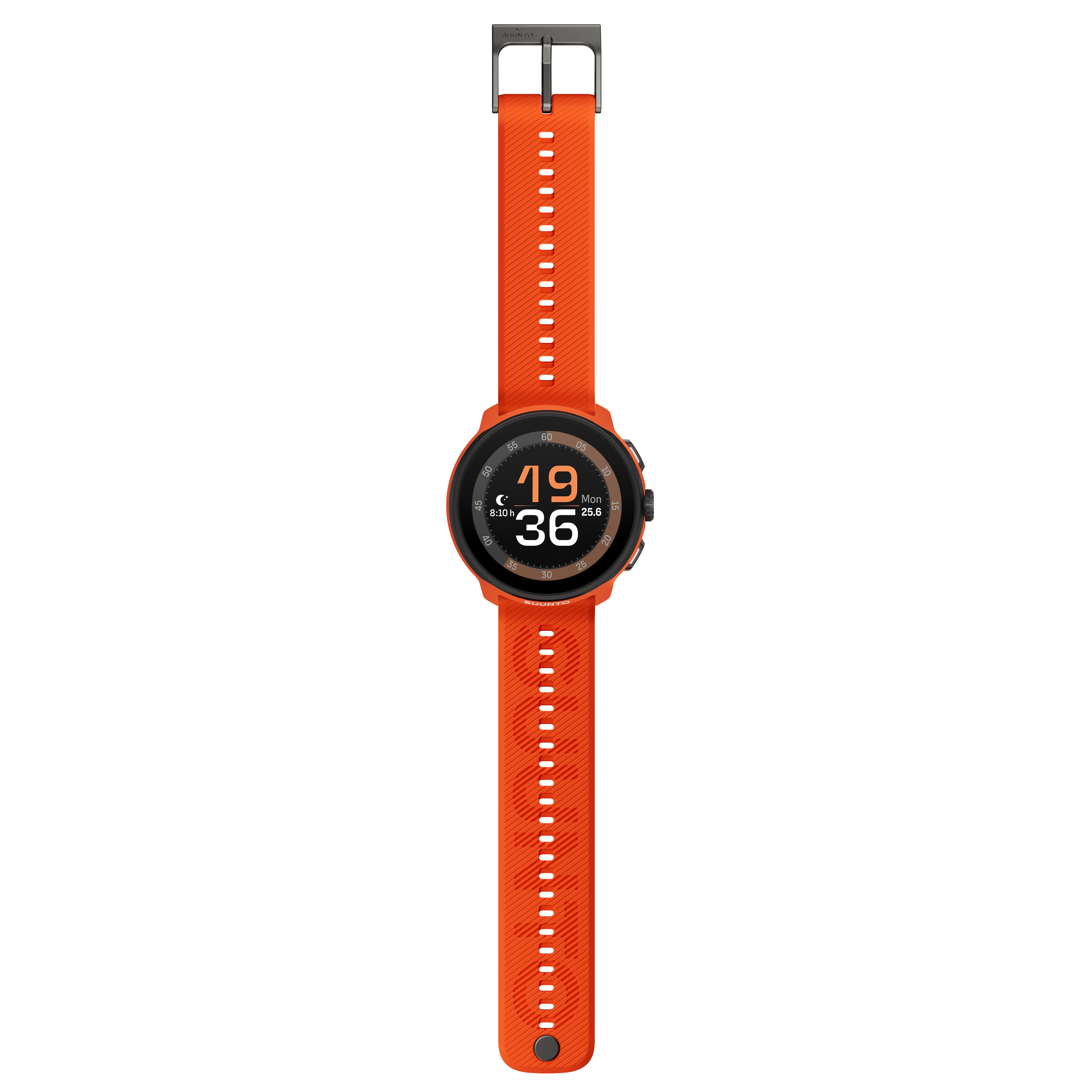 Reloj Suunto naranja sobre fondo negro. Muestra la hora y otras métricas. La correa es naranja.