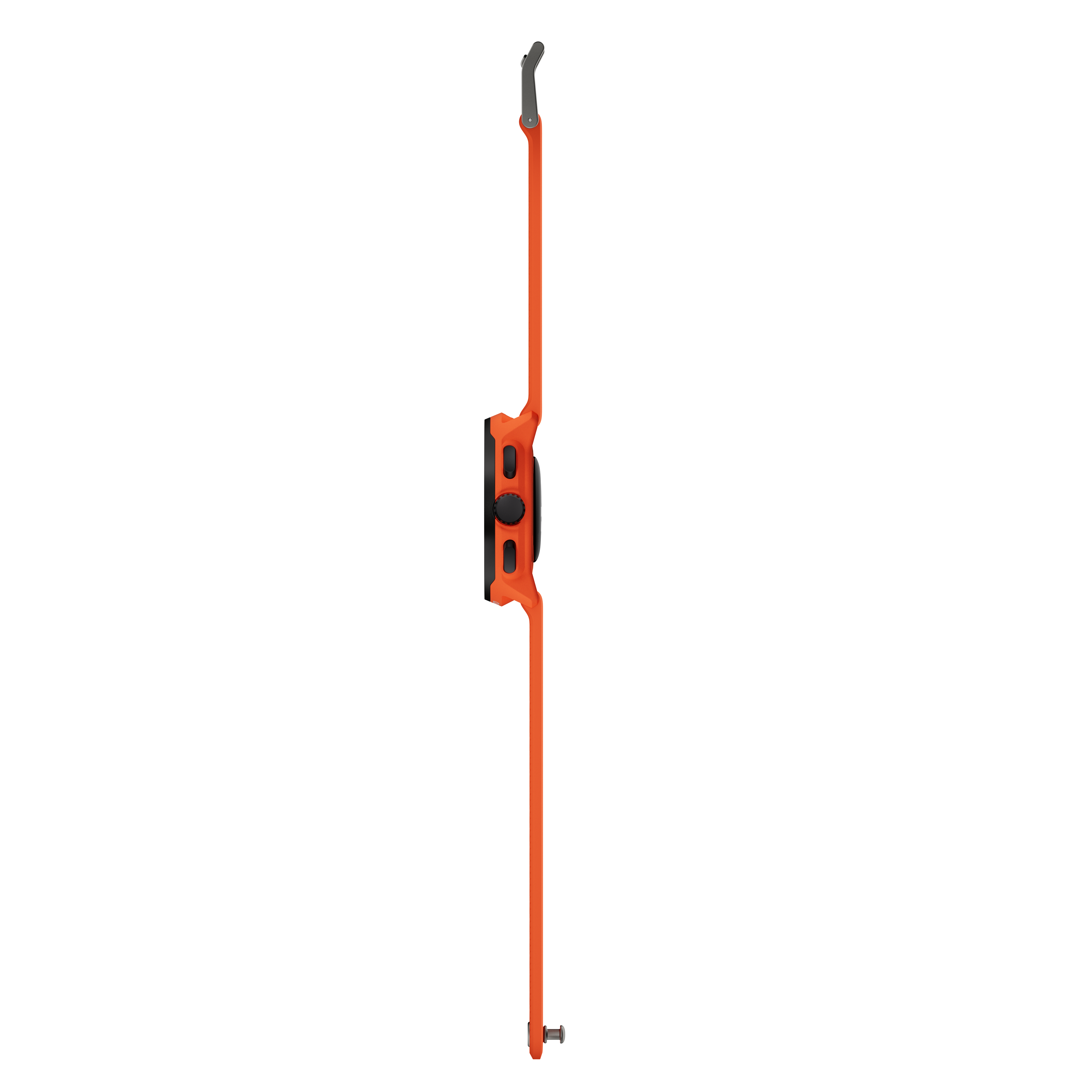 Reloj inteligente naranja sobre fondo negro. El reloj tiene pantalla y botones negros. La correa es larga y fina.