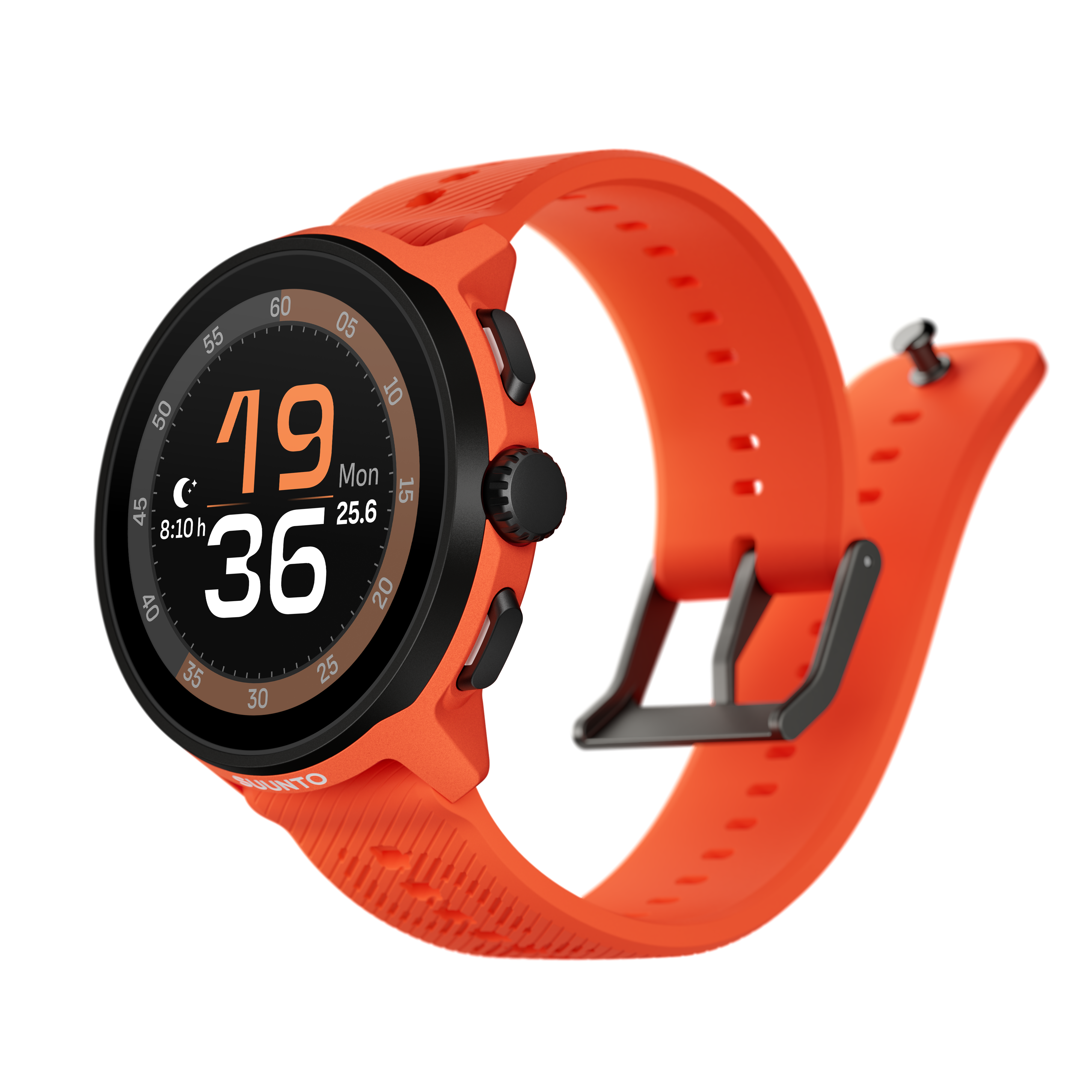 Un reloj deportivo Suunto naranja. Muestra la hora y la fecha. La correa es naranja y tiene un cierre negro.