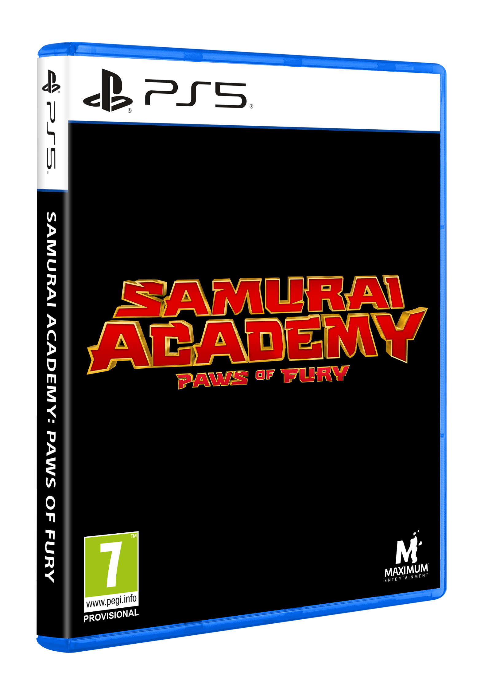 Caja del juego PS5 de Samurai Academy: Paws of Fury. Título rojo y dorado sobre fondo negro. Estuche azul.