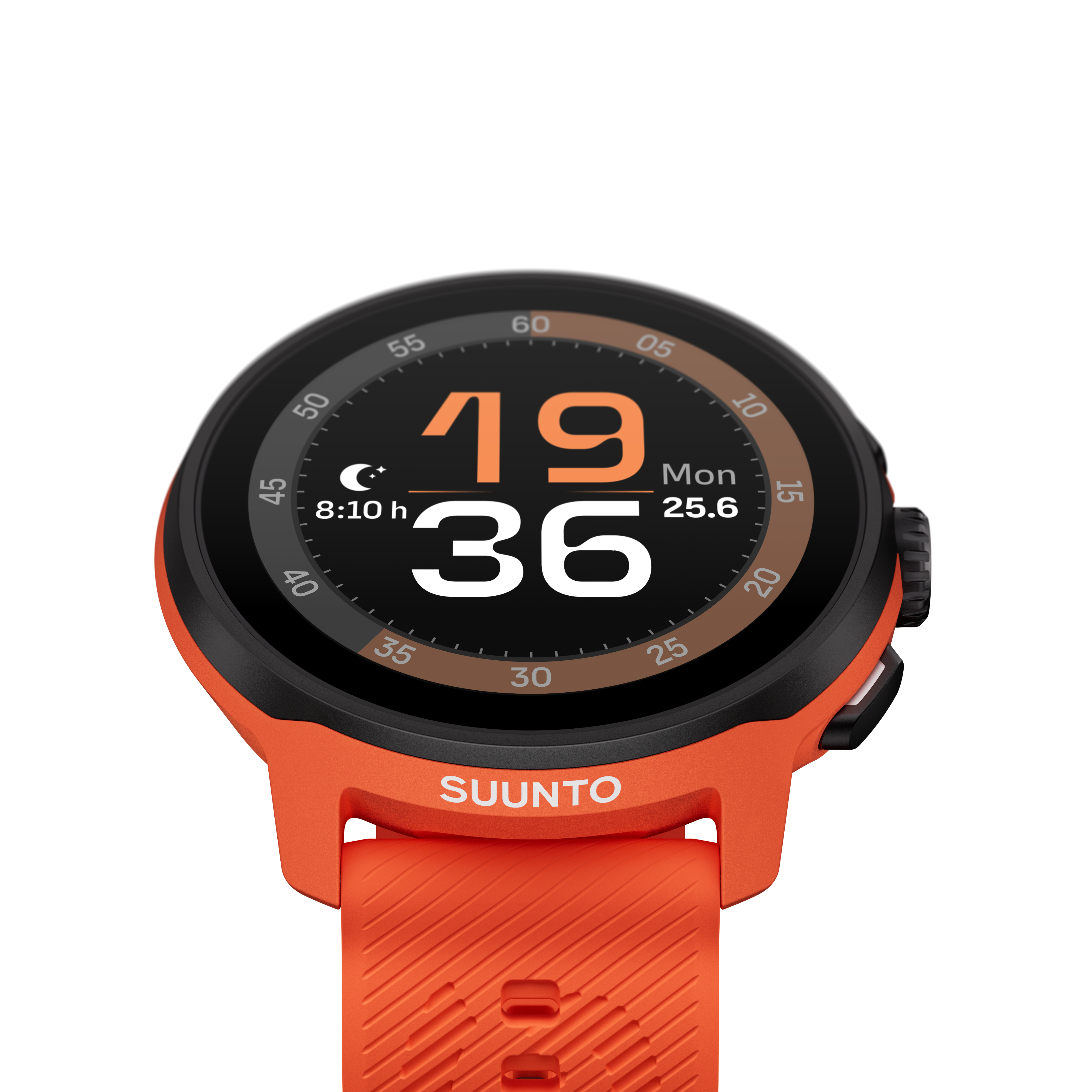Un reloj Suunto naranja con bisel negro muestra la fecha y hora sobre un fondo negro.