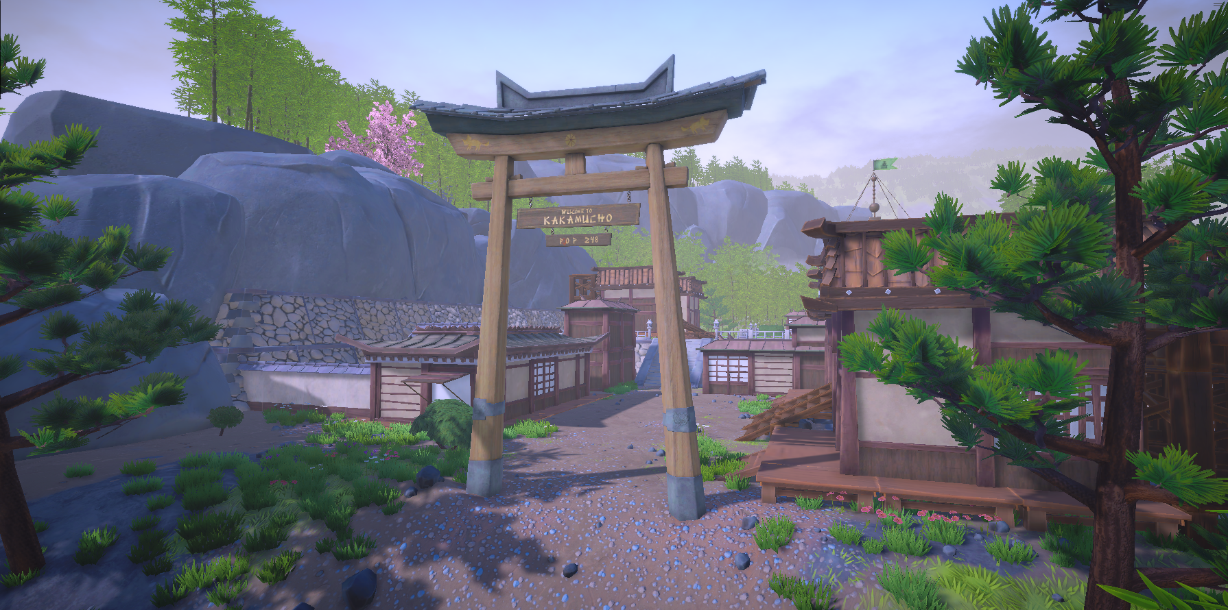 Escena de un pueblo japonés con una puerta torii de madera. Edificios con tejados rojos, árboles verdes y una montaña al fondo.