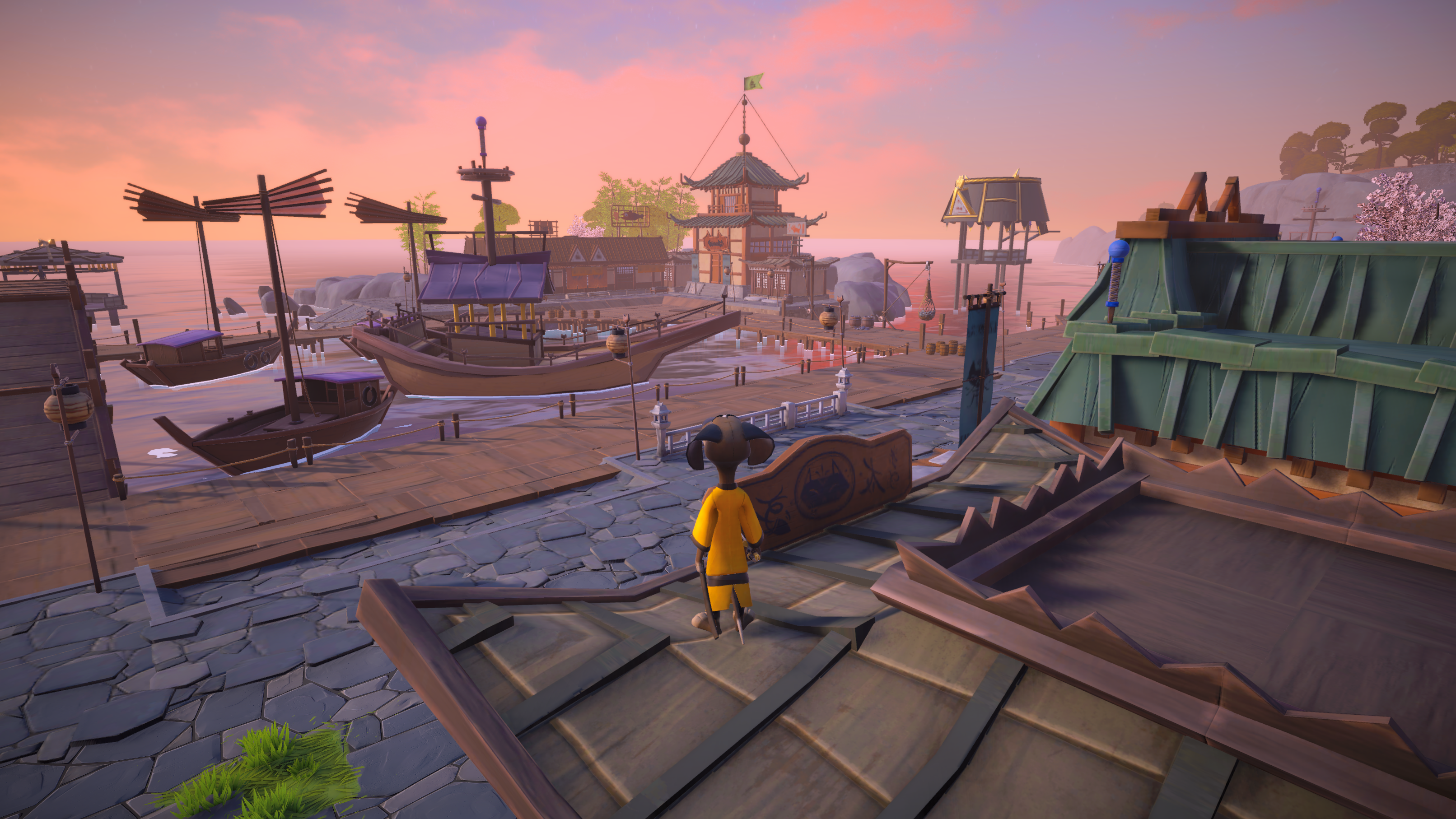Un personaje parecido a un perro de amarillo camina sobre un tejado con vistas a un muelle con barcos y edificios, un atardecer al fondo.
