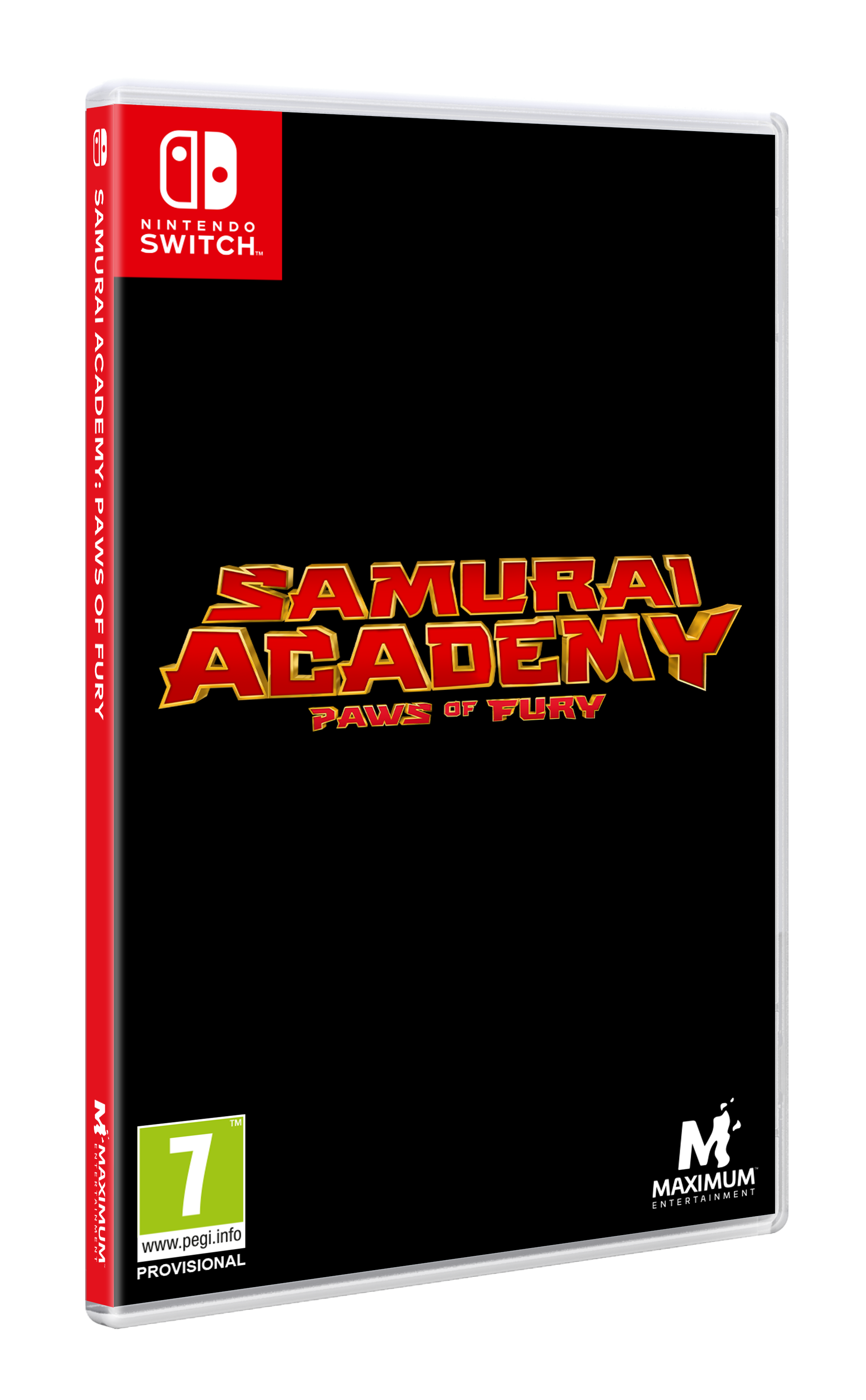 Caja del juego Nintendo Switch. Título: Samurai Academy: Paws of Fury. Texto rojo y dorado sobre fondo negro. Clasificación por edad: 7.