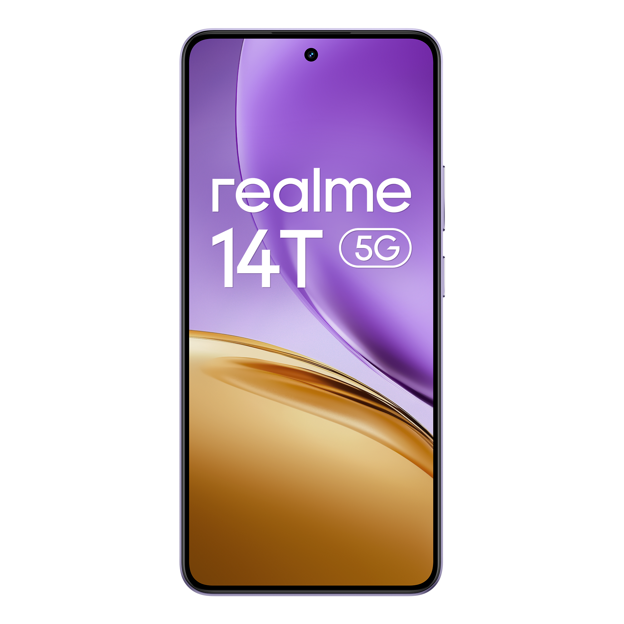 Smartphone con pantalla degradada morada y dorada, mostrando 'realme 14T 5G' en blanco. Marco negro.