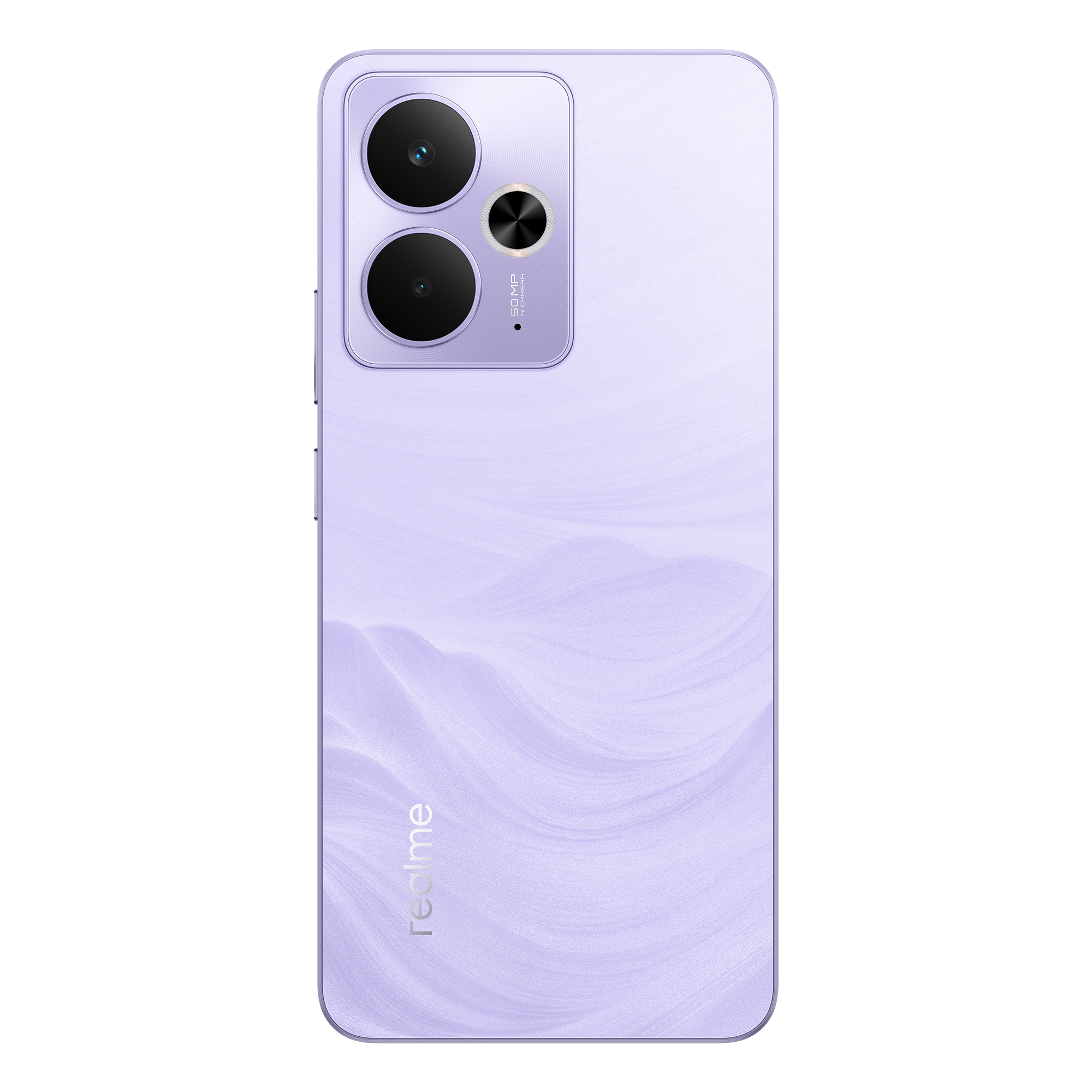 Un smartphone lila claro con dos lentes de cámara y un flash en la parte superior, y la marca en la parte inferior.