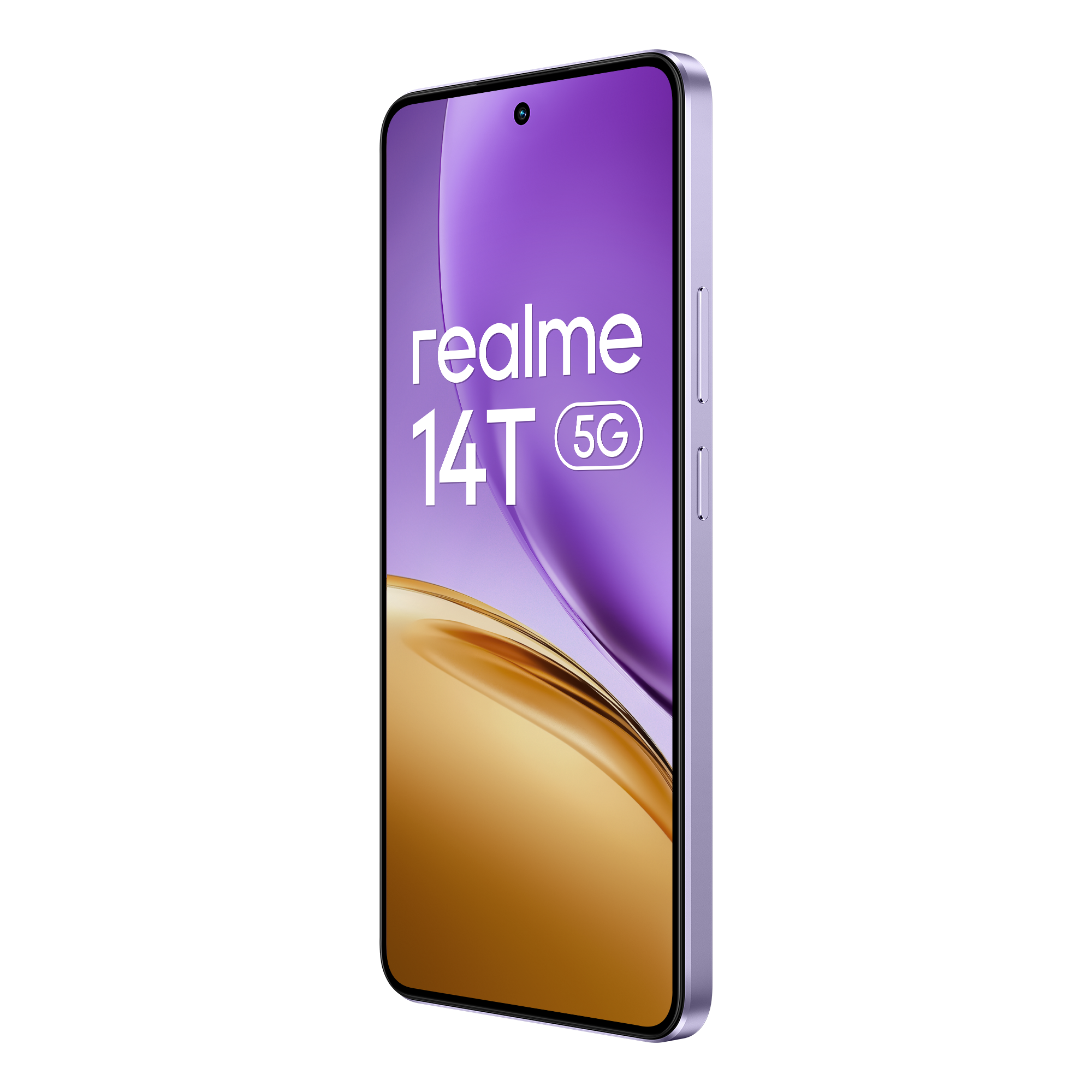 Teléfono inteligente Realme 14T 5G sobre blanco. Marco púrpura con pantalla púrpura y dorada. Texto blanco de Realme y modelo.