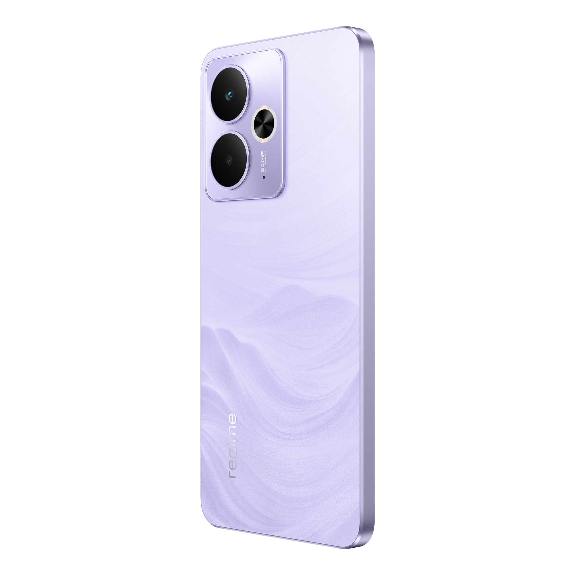 Un teléfono inteligente lila, en ángulo. Tiene dos cámaras en la parte superior izquierda. La parte trasera tiene un patrón de ondas y el nombre de la marca.