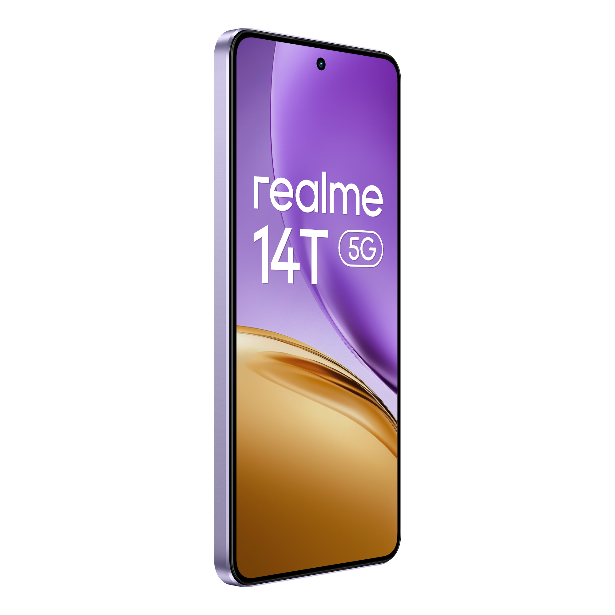 Un smartphone Realme 14T 5G sobre un fondo blanco. Tiene una pantalla con degradado púrpura y dorado.