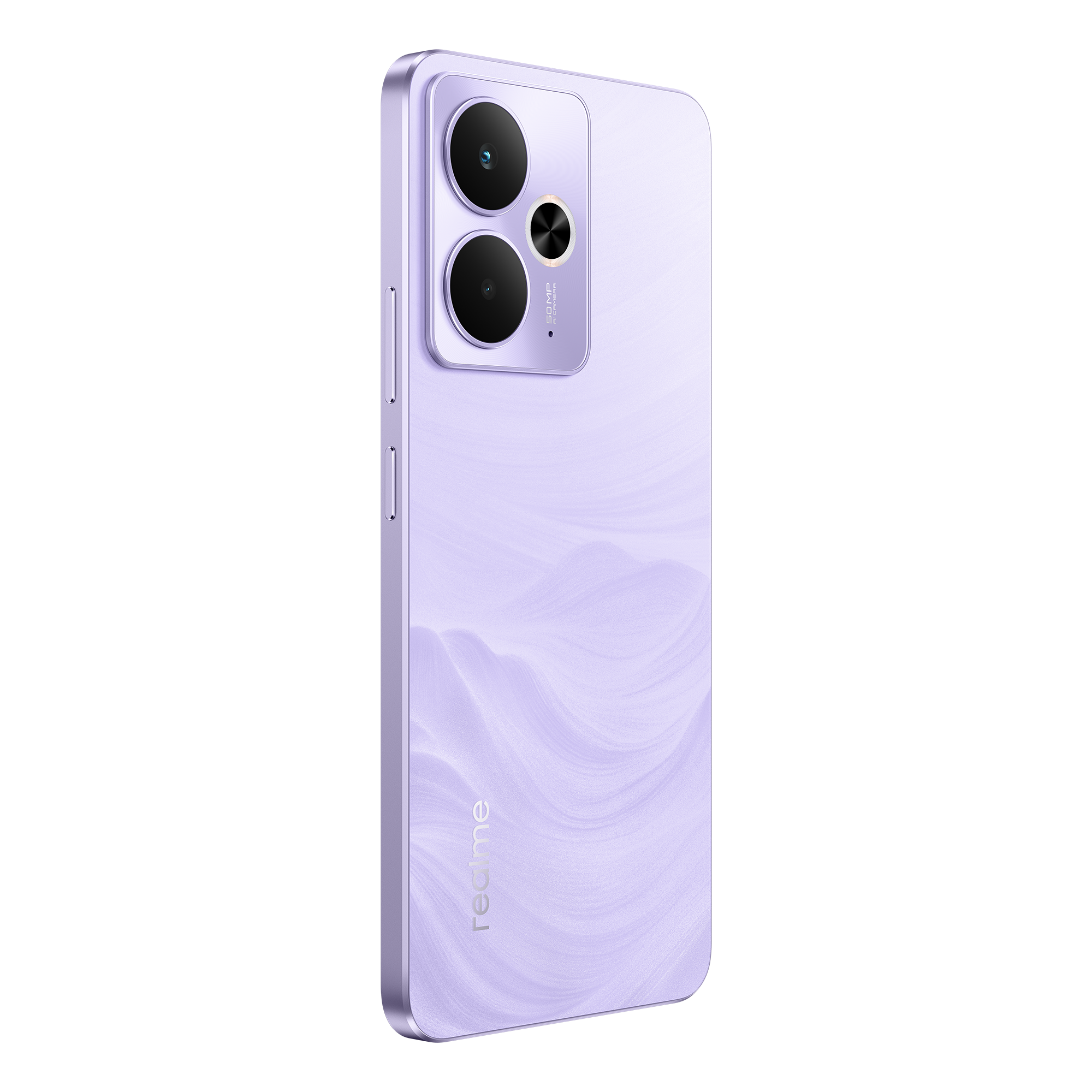 Smartphone lila, vista trasera. Dos lentes de cámara, un flash y el logotipo de Realme son visibles. El teléfono tiene una textura ondulada.
