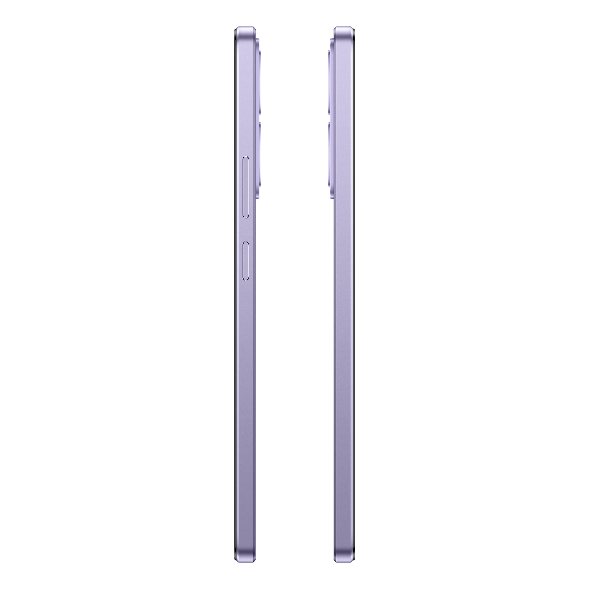 Un teléfono plegable lavanda cerrado está centrado verticalmente. Tiene rayas negras y botones laterales.