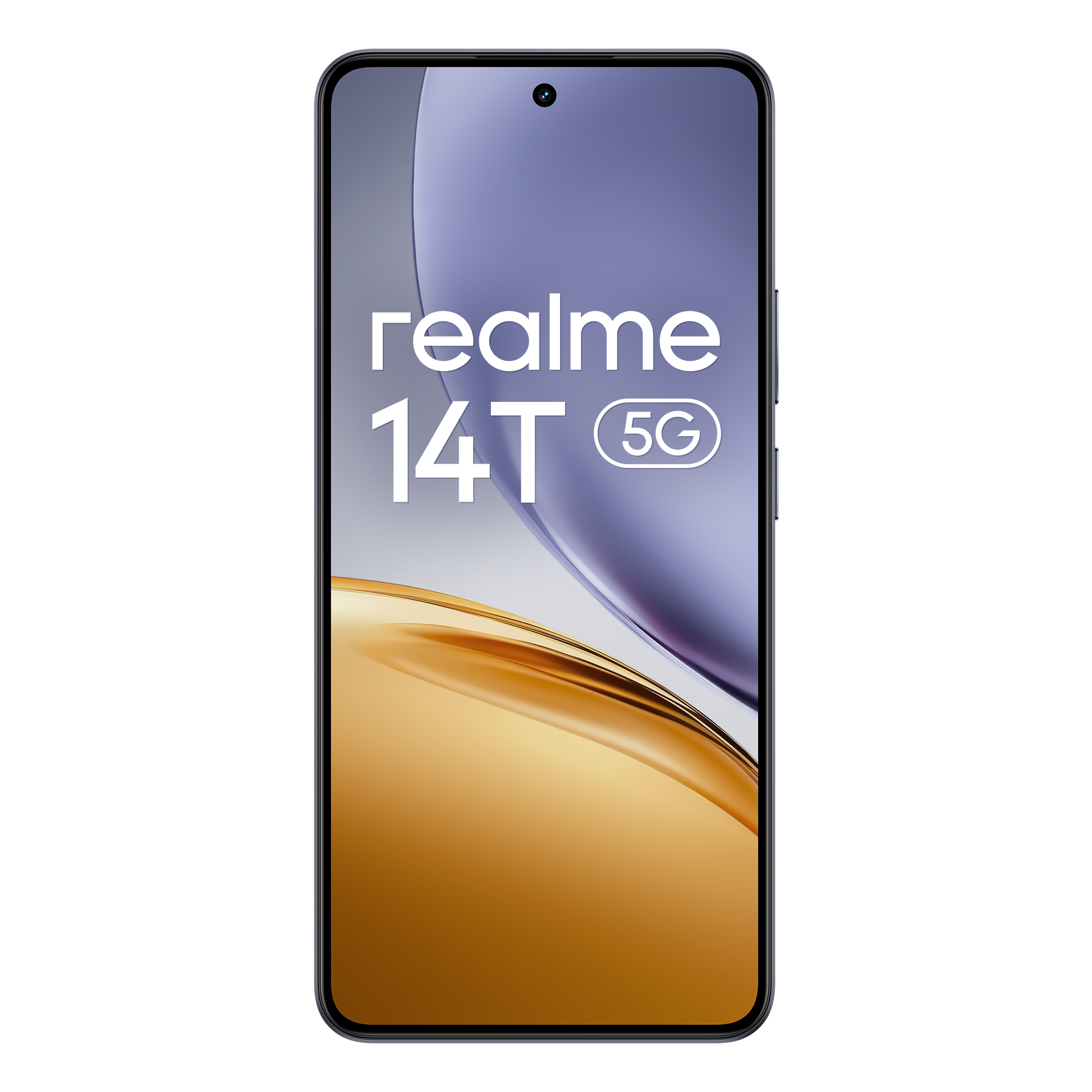 Smartphone Realme 14T 5G. La pantalla muestra un degradado púrpura y dorado, con el logotipo de Realme.