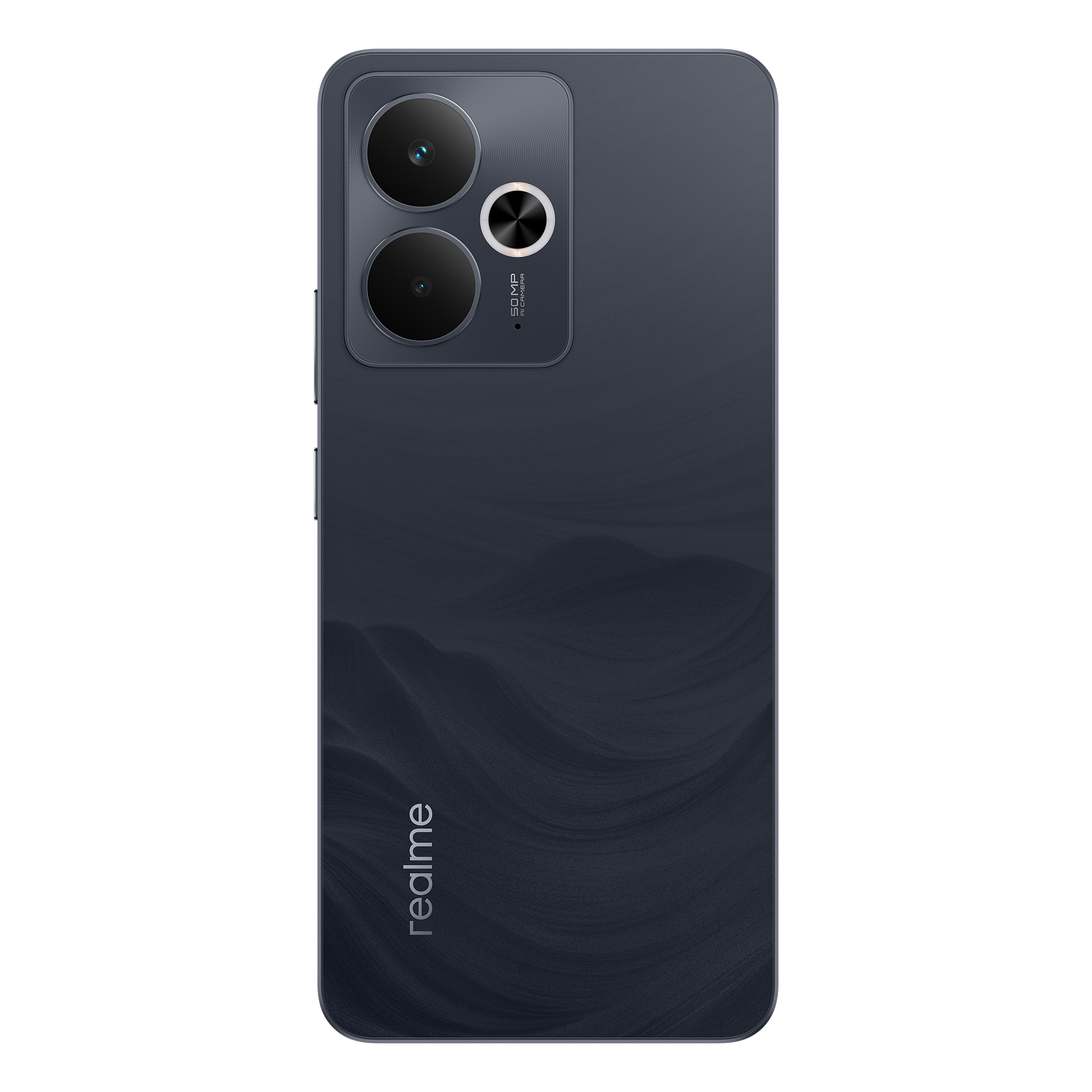 Parte trasera de un teléfono Realme azul oscuro. Tiene una cámara de doble lente en la parte superior y un logotipo 'realme' en la parte inferior.