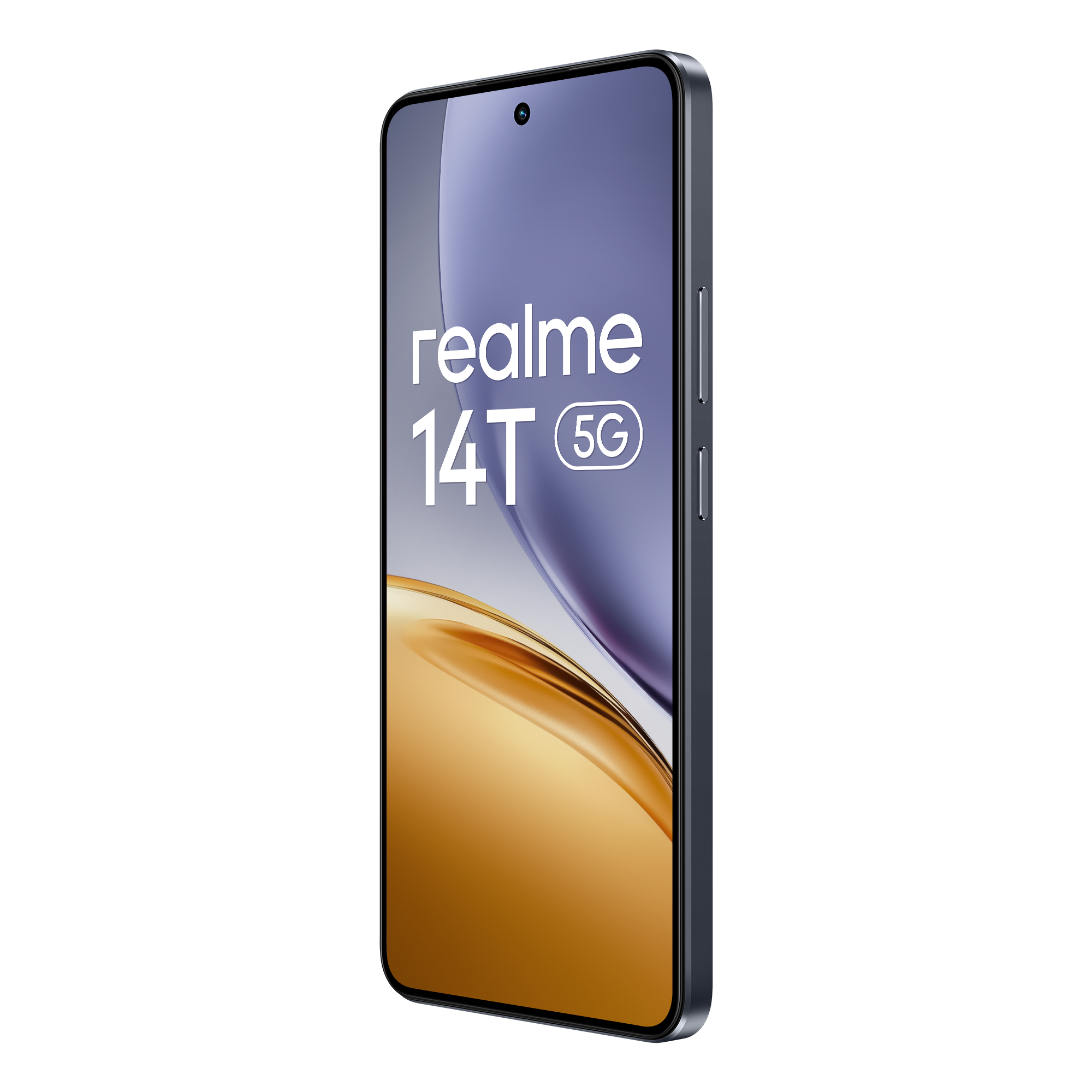 Un smartphone con pantalla que muestra el logo Realme y 14T 5G. El teléfono es gris oscuro con pantalla negra.
