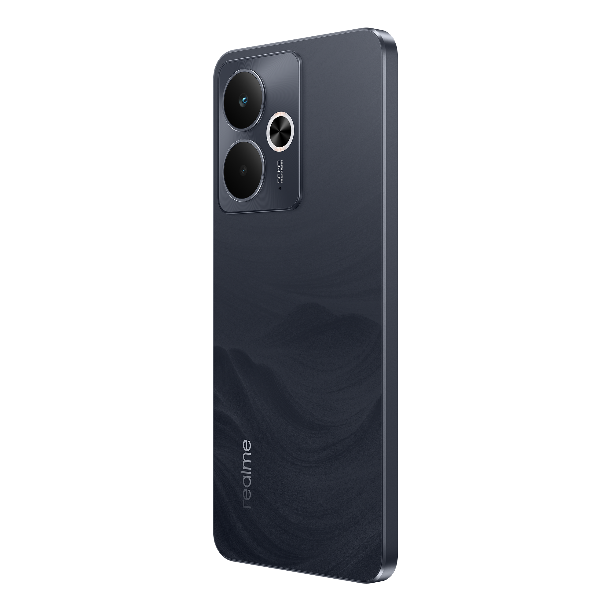Se muestra un teléfono inteligente azul oscuro. Tiene una protuberancia de cámara con dos lentes. El nombre de la marca 'realme' es visible.