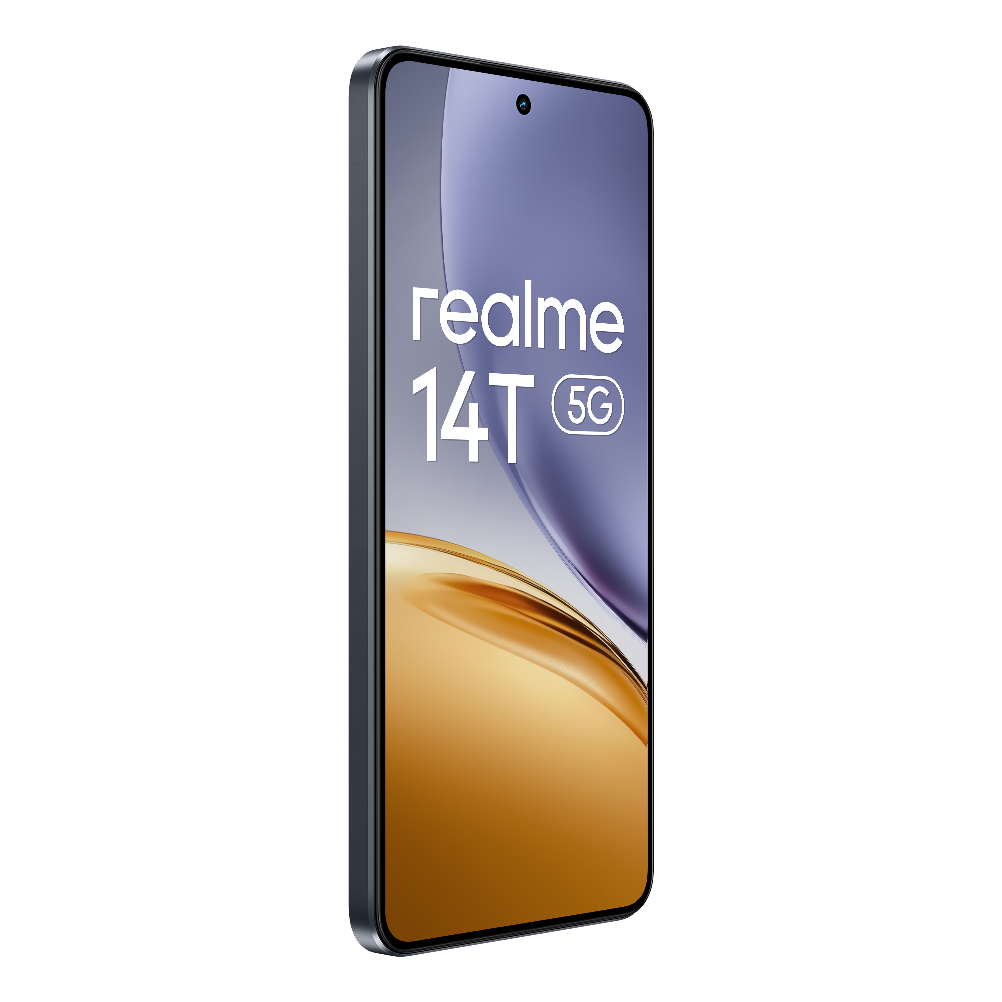 Teléfono Realme 14T 5G, marco negro, texto blanco en pantalla. Fondo degradado púrpura y dorado.
