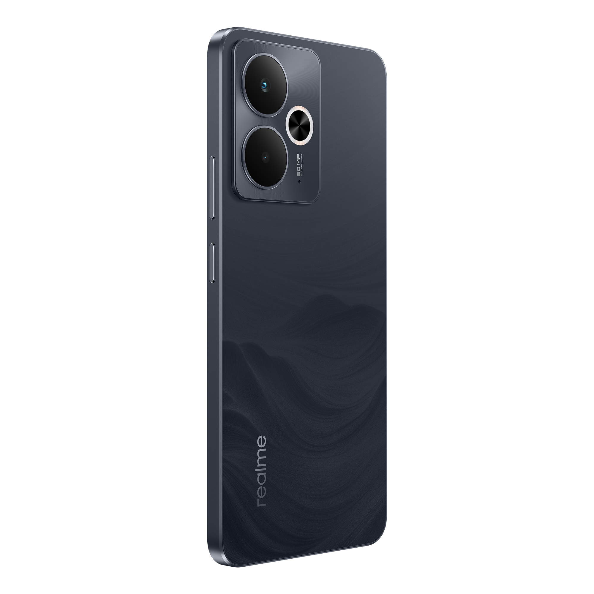 Un teléfono inteligente azul oscuro. Tiene cámaras duales y el logotipo de Realme. El teléfono está en ángulo hacia la derecha.