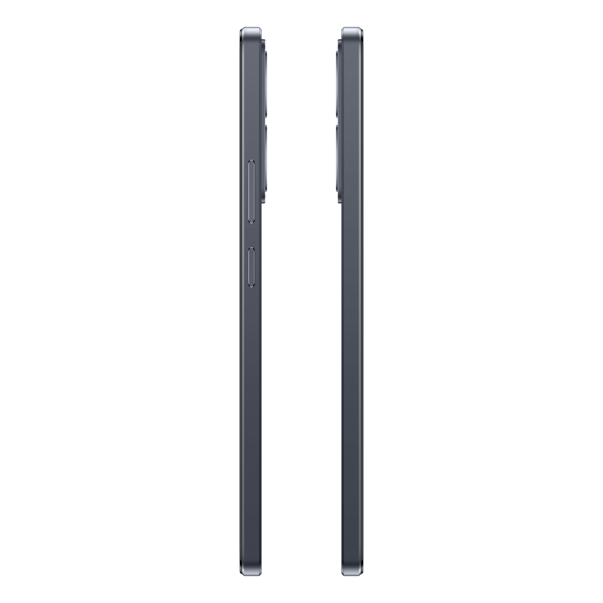 Un dispositivo gris oscuro cerrado contra un fondo blanco. Tiene forma rectangular vertical con dos líneas oscuras en el medio.