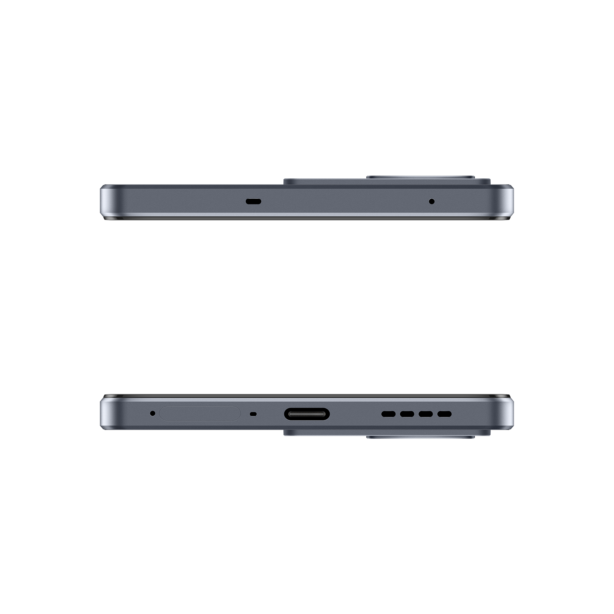 Un smartphone con pantalla negra, rodeado por un marco gris. Tiene un puerto de carga y altavoces en la parte inferior.