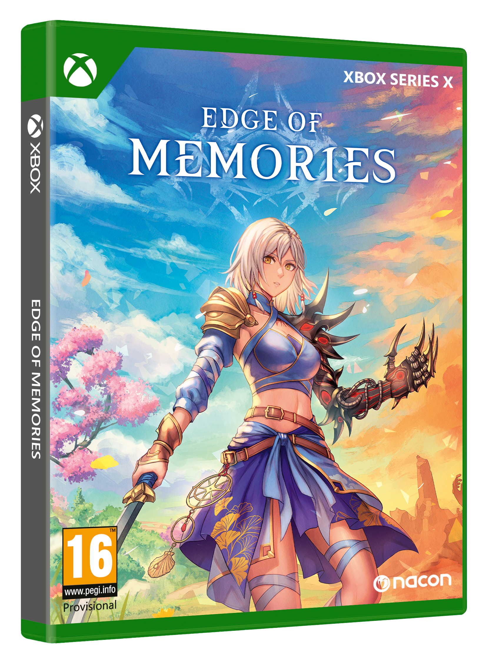 Portada de juego de Xbox. Una mujer con espada frente a un cielo colorido, título del juego 'Edge of Memories'.