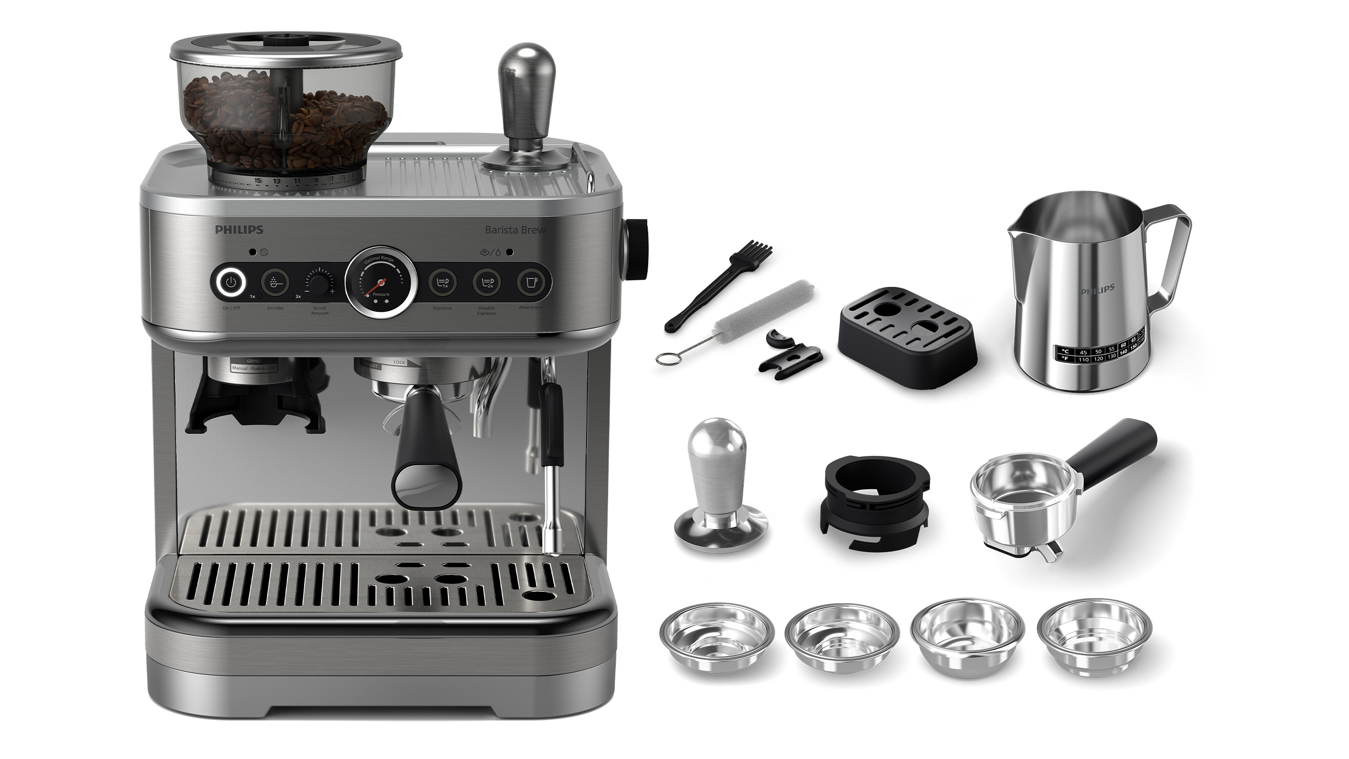 Cafetera con accesorios. Incluye molinillo, portafiltro, prensador, jarra de leche y herramientas de limpieza. Fondo blanco.