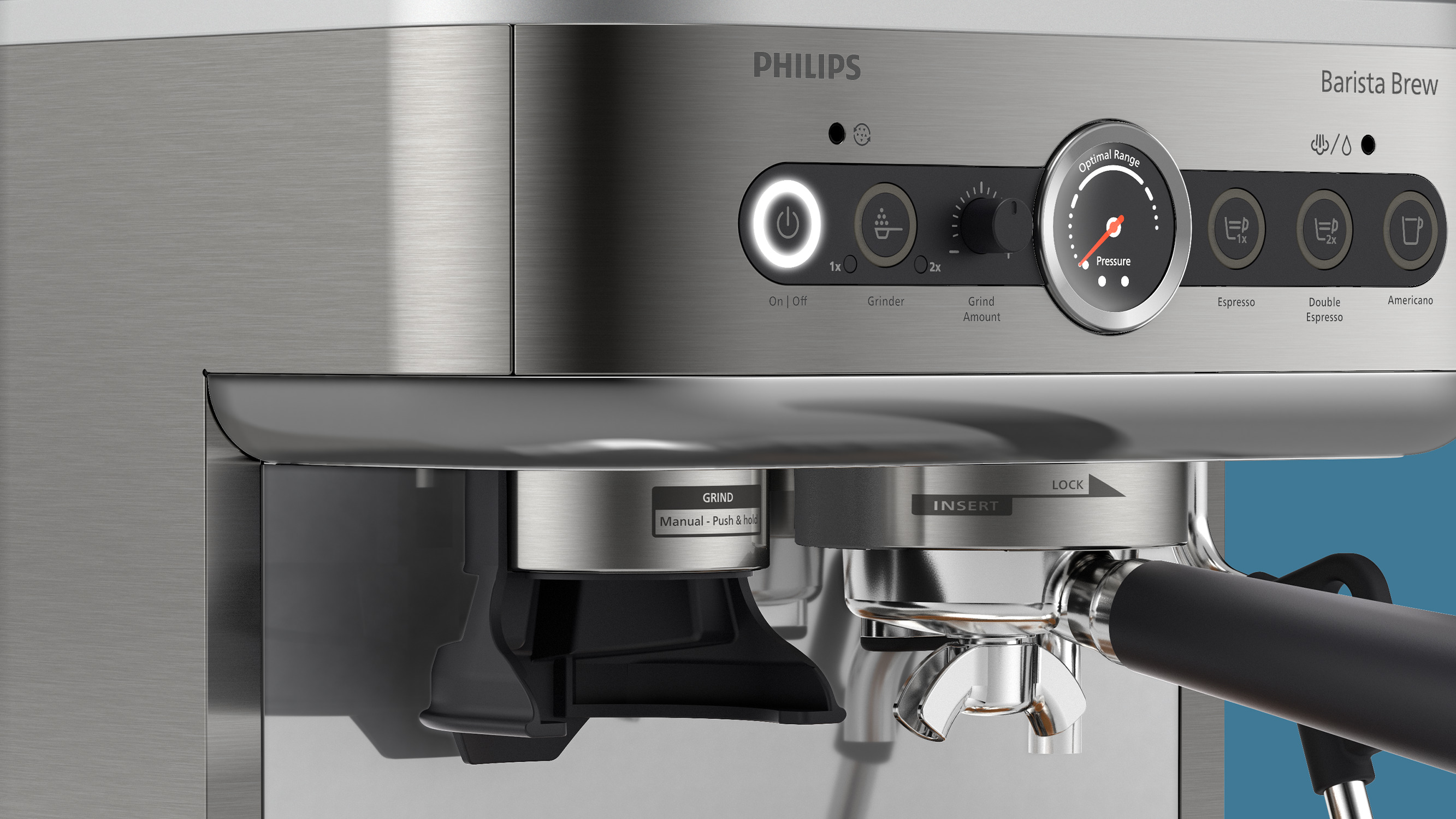 Una cafetera Philips Barista Brew de acero inoxidable. Se ven los controles de encendido, molinillo, presión y opciones de café.