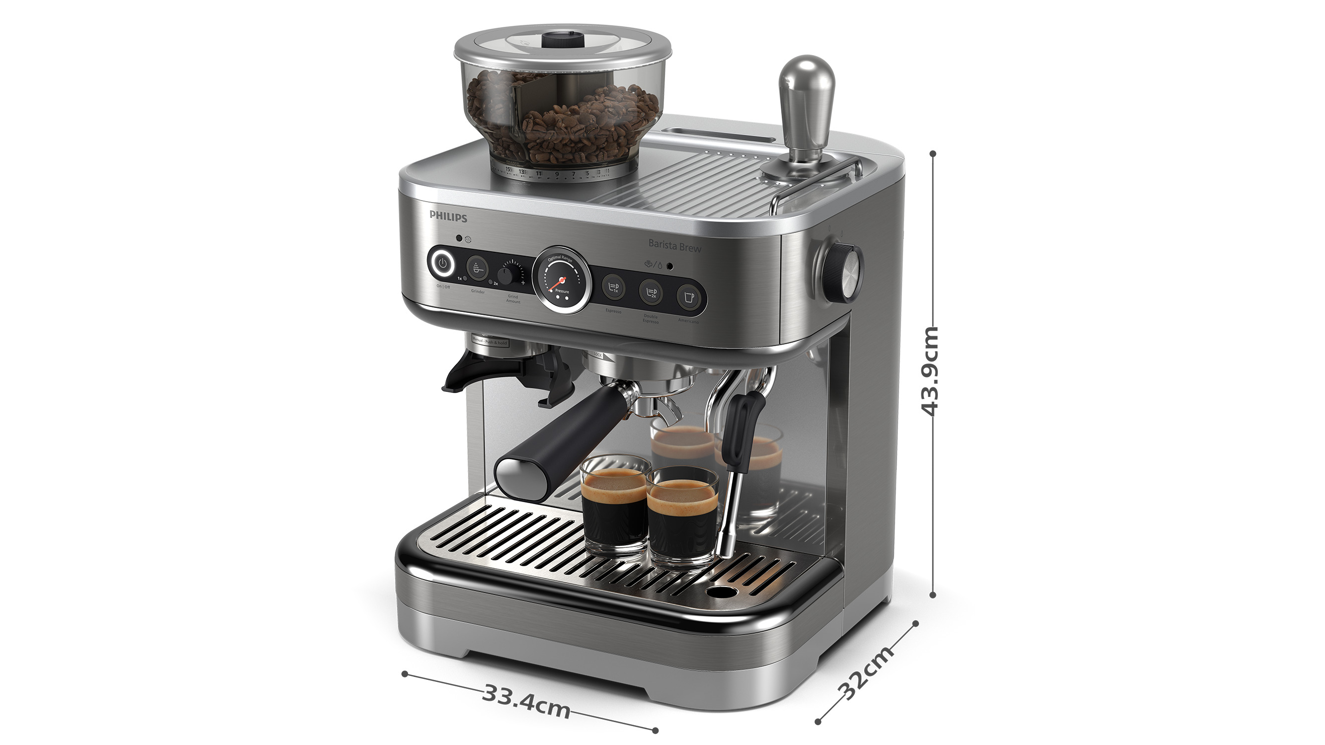 Una máquina de espresso Philips con granos de café y dos chupitos de espresso. Se muestran las dimensiones. Dominan los colores plata y negro.