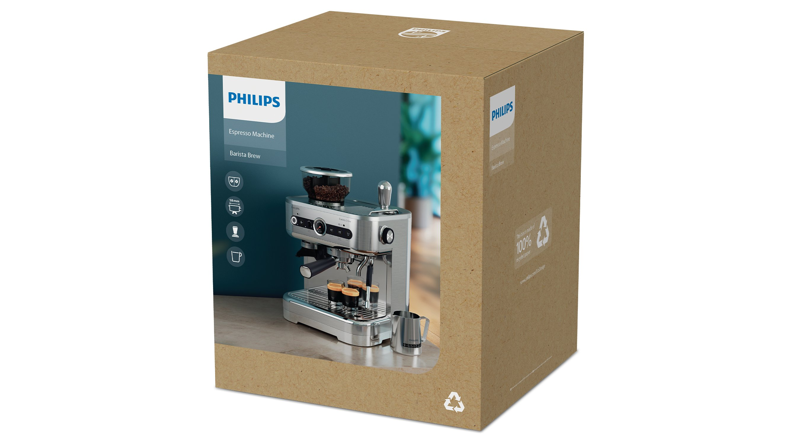 Una máquina de espresso Philips en una caja de cartón. La caja muestra la máquina y sus características. La máquina es plateada.