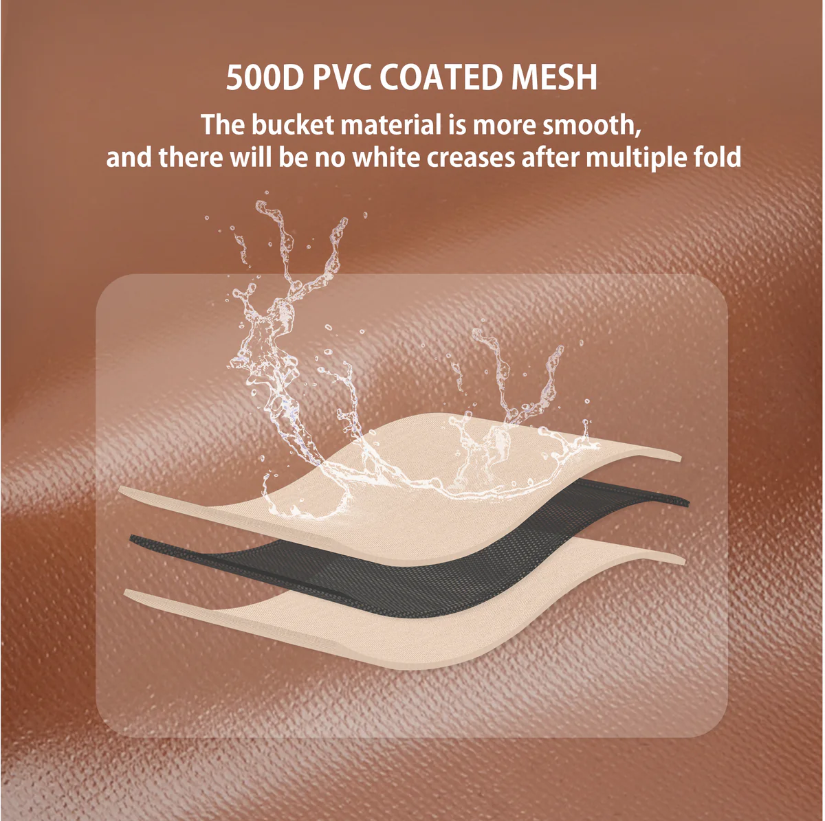 Rétegzett hálós anyag illusztrációja vízcseppekkel. Szöveg: 500D PVC Coated Mesh. A vödör anyaga sima.