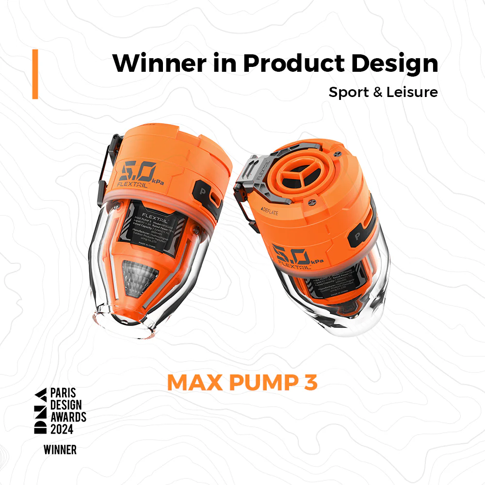 Két narancssárga Max Pump 3 eszköz látható, 5,0 kPa felirattal. A kép egy termékdizájn díjnyertest mutat Sport és Szabadidő kategóriában.